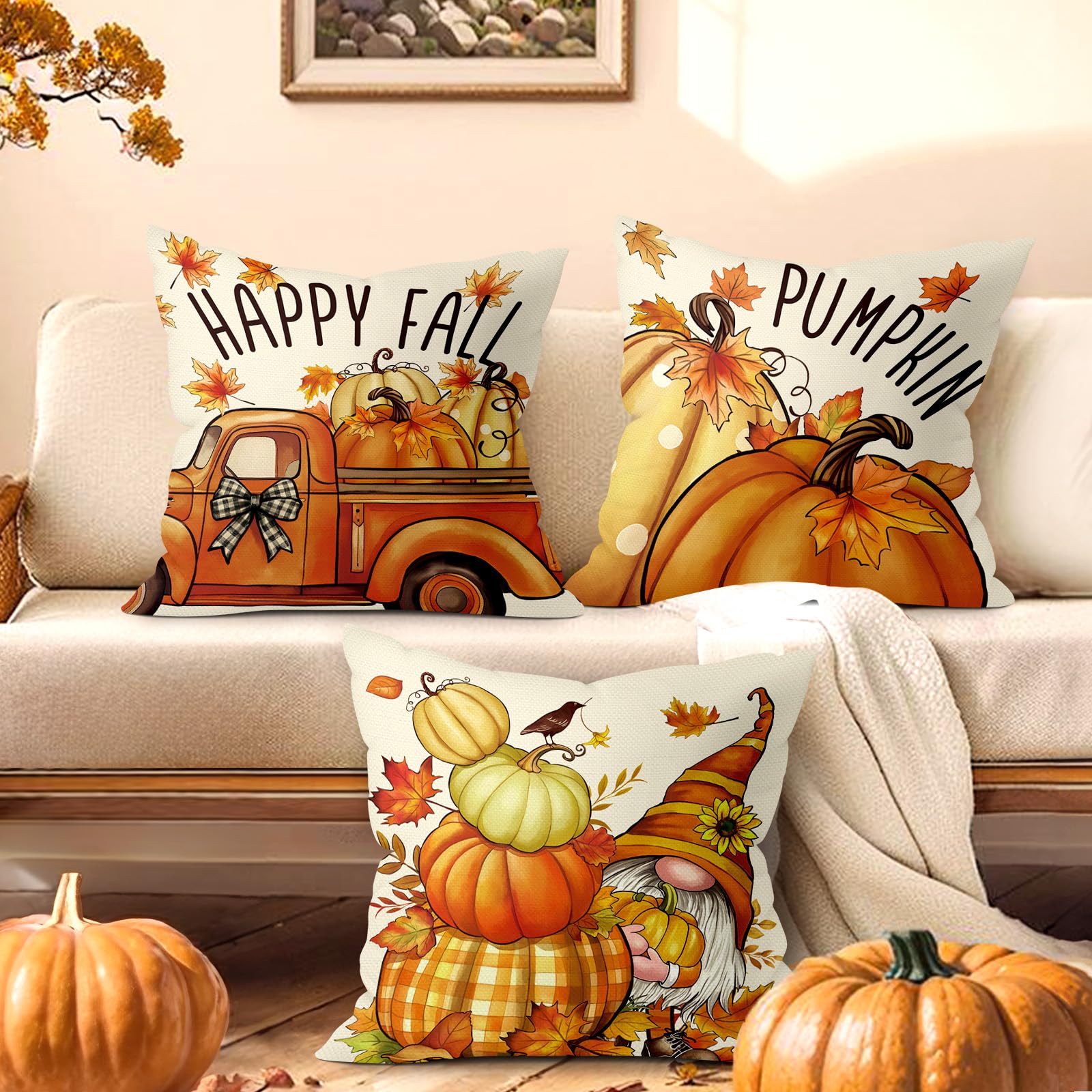 Joymaison Federe per Cuscini Divano 45x45 set da 4 Autunno Foglie Zucca D'acero Federa Copri Cuscino Ringraziamento Goblin Camion Federe Confezione Copricuscini Quadrati per Casa Divano