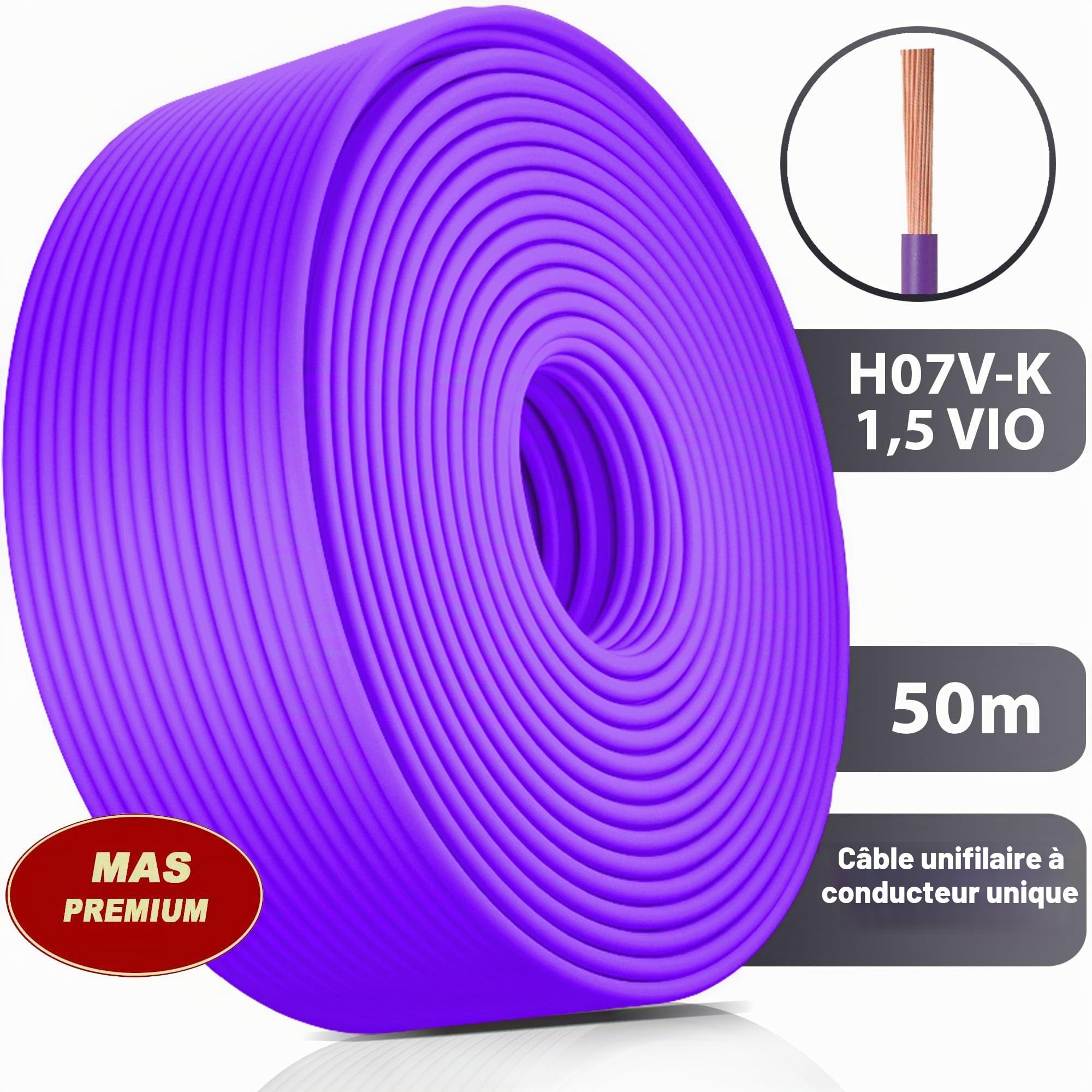 Câble conducteur H07 V-K de 5 à 100 m - 1 x 1,5 mm² - Flexible - Fil simple (violet, 50 m).