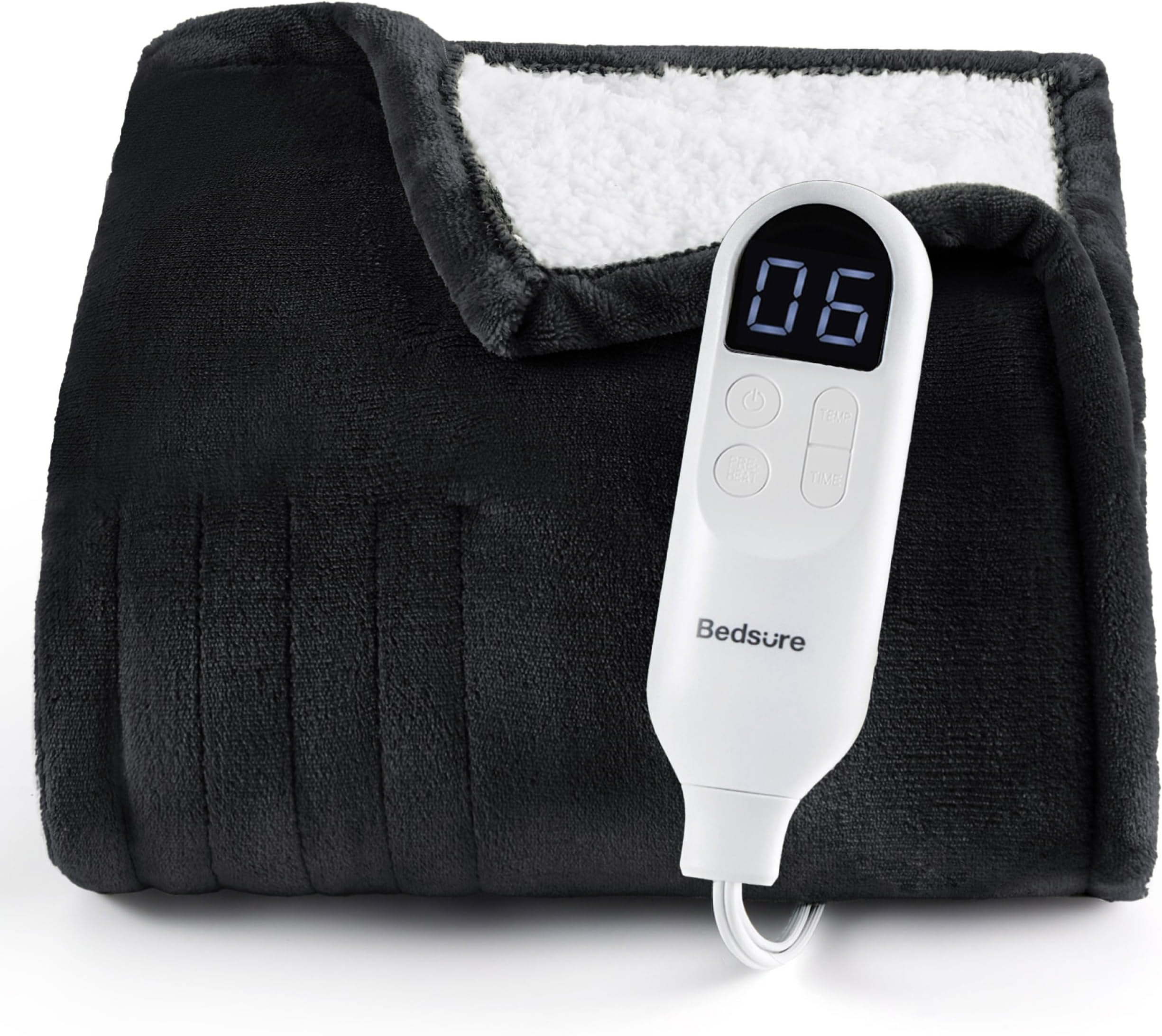 Bedsure Heated Blanket Throw Blanket with Preheat Function - Fast Heating Electric Blanket, Soft Flannel Throw with 6 Time Settings(Up to 10H), 6 Heating Settings, Gifts for Grandma (50"x60", Black)