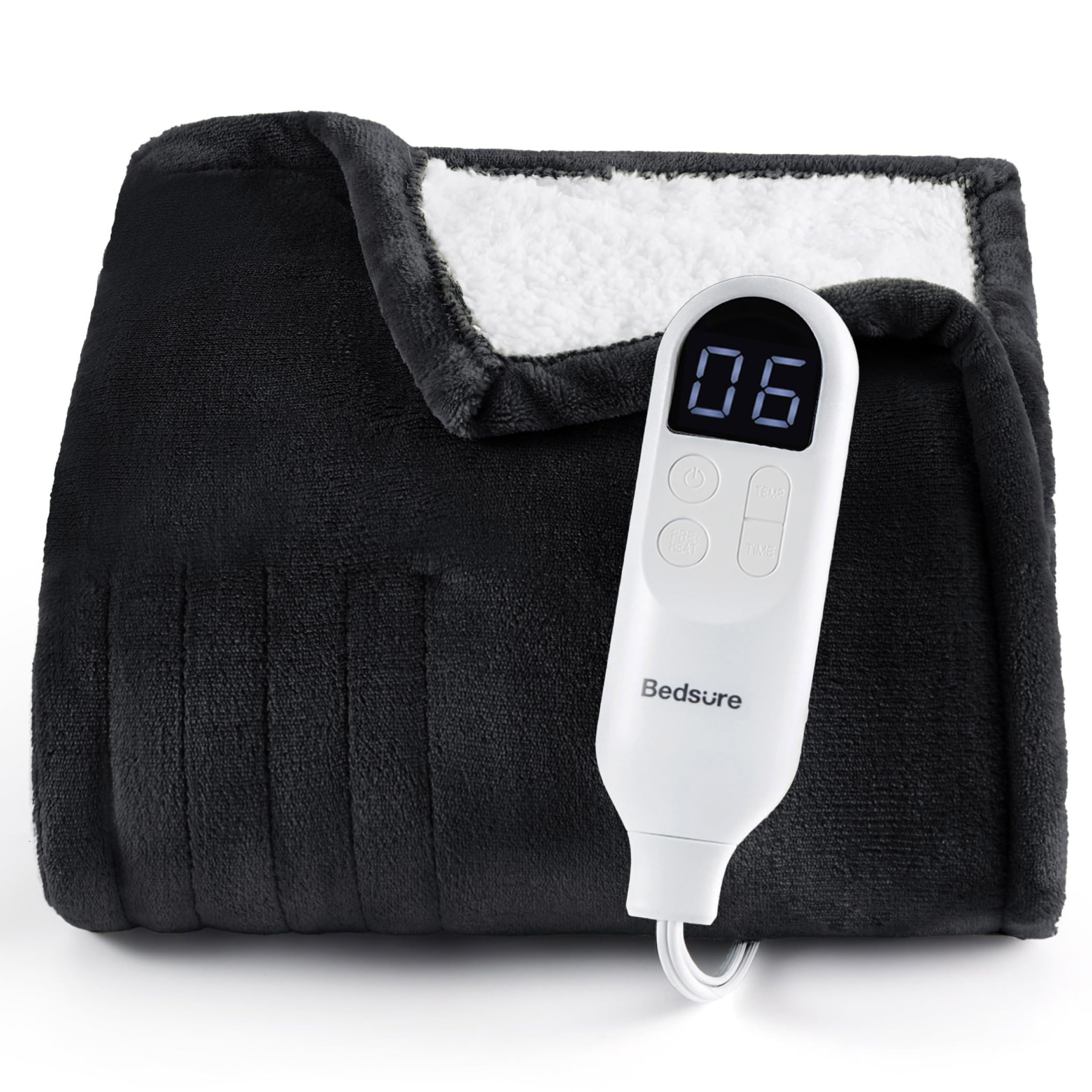 Bedsure Heated Blanket Throw Blanket with Preheat Function - Fast Heating Electric Blanket, Soft Flannel Throw with 6 Time Settings(Up to 10H), 6 Heating Settings, Gifts for Grandma (50"x60", Black)