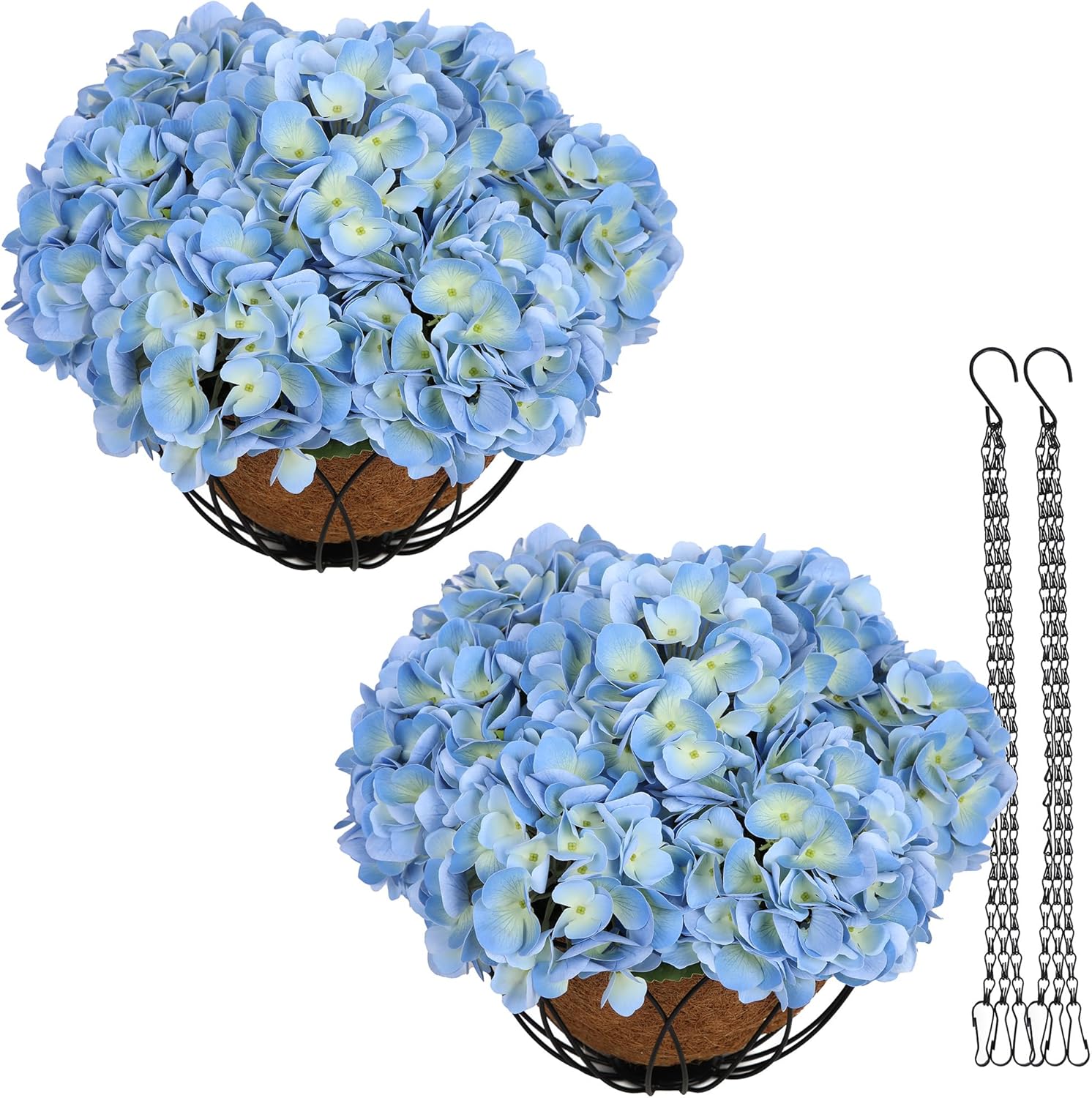 bellacat Real Touch Faux Hydrangea Flowers with 11" Hanging Basket, Fake Hanging Hydrangea Flowers with Realistic Flowers, Artificial Hanging Flowers for Outdoors Porch Patio Balcony (Blue, 2Pack)