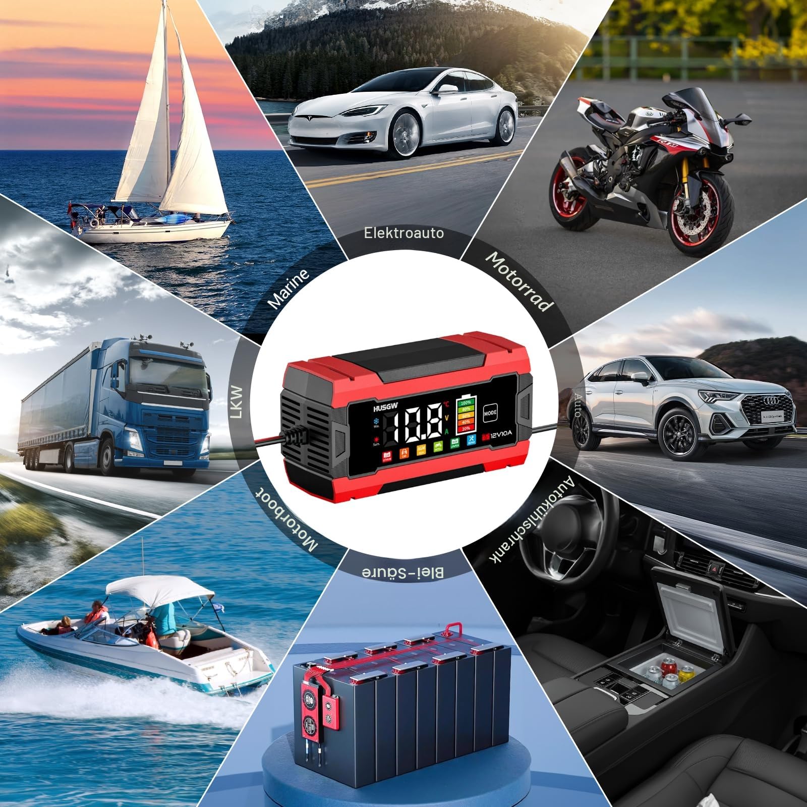 12V 10A Autobatterie Ladegerät mit Farbdisplay, automatischer Abschaltung & Temperaturkompensation, für Auto/Motorrad (AGM/EFB/Gel/LiFePO4), 6-Fach Schutz(Rot 10)