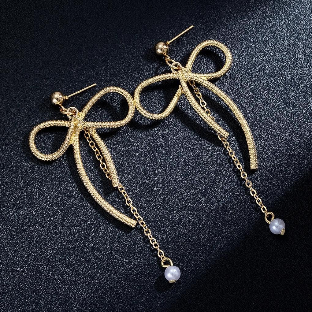 Vintage Gold Bow Pearls Drop Dangle Earrings for Women,Dainty Aesthetic Geometric Bowknot Pearl Statement Earring,Unique Jewelry Accessories Gifts - Image 4