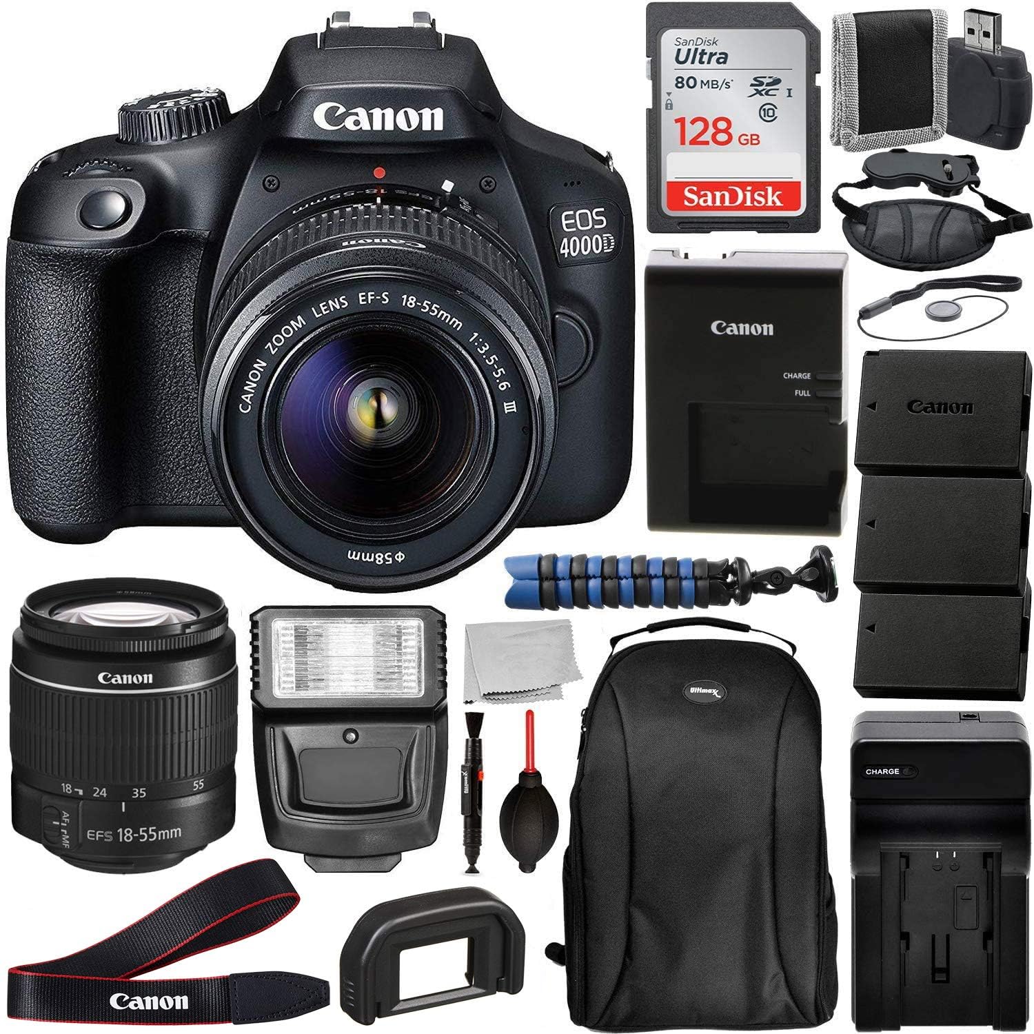 Canon International EOS 4000D DSLR Camera with EF-S 18-55mm f/3.5-5.6 III Lens & Deluxe Accessory Bundle - Includes: SanDisk Ultra 128GB Memory Card, 2x Seller Replacement LPE10 Batteries, & Much More