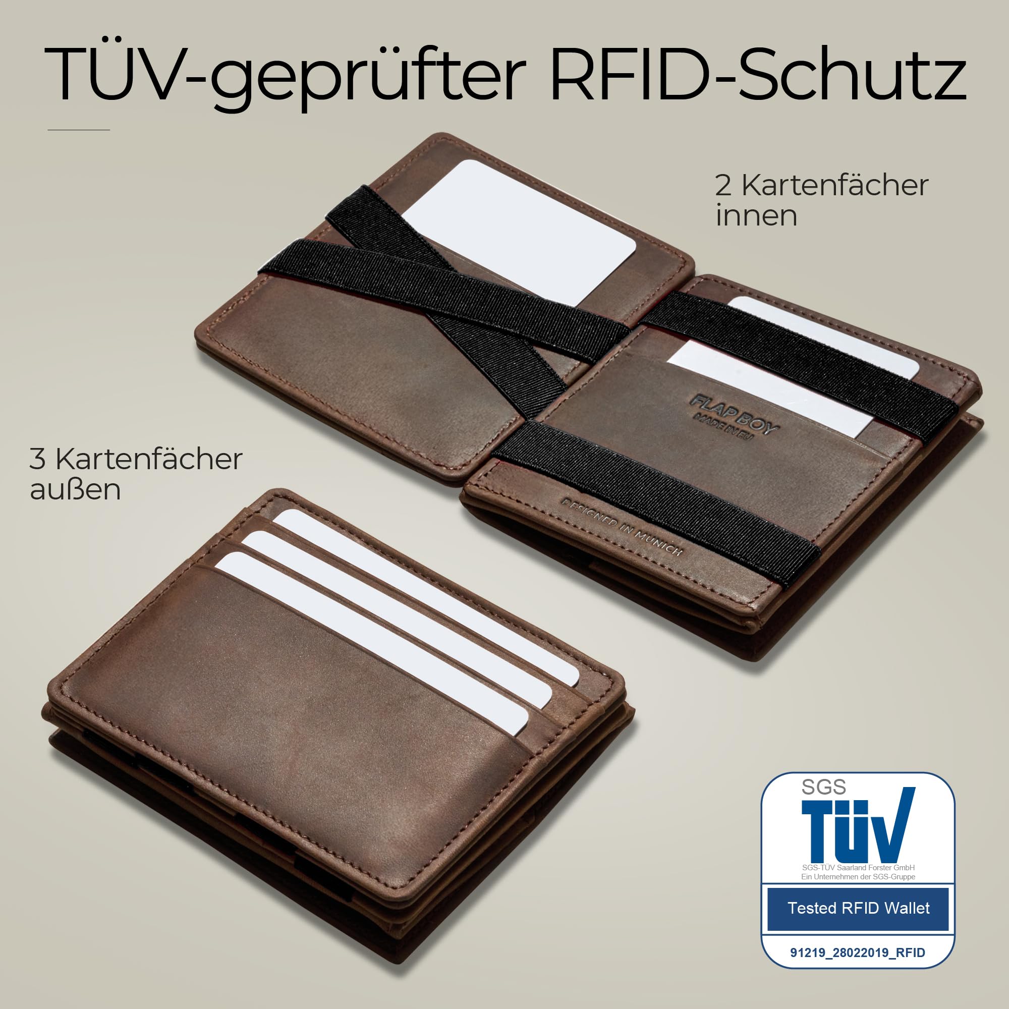 Jaimie Jacobs Flap Boy - Das Original Magic Wallet mit Münzfach RFID-Schutz Magischer Geldbeutel magisches Portemonaie Brieftasche mit Kleingeldfach Herren echtes Leder (Büffelleder Braun)