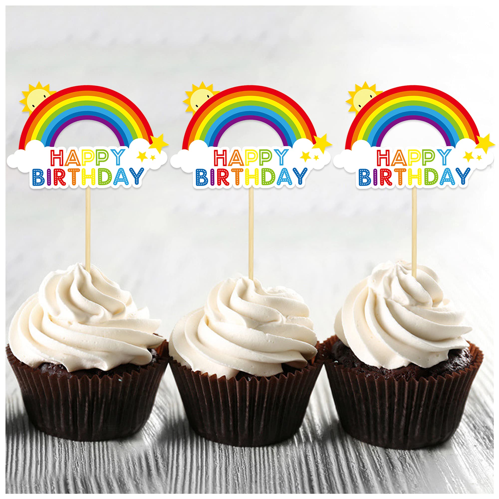 24 PCS Rainbow Happy Birthday Cupcake Toppers Colorful Rainbow Cake