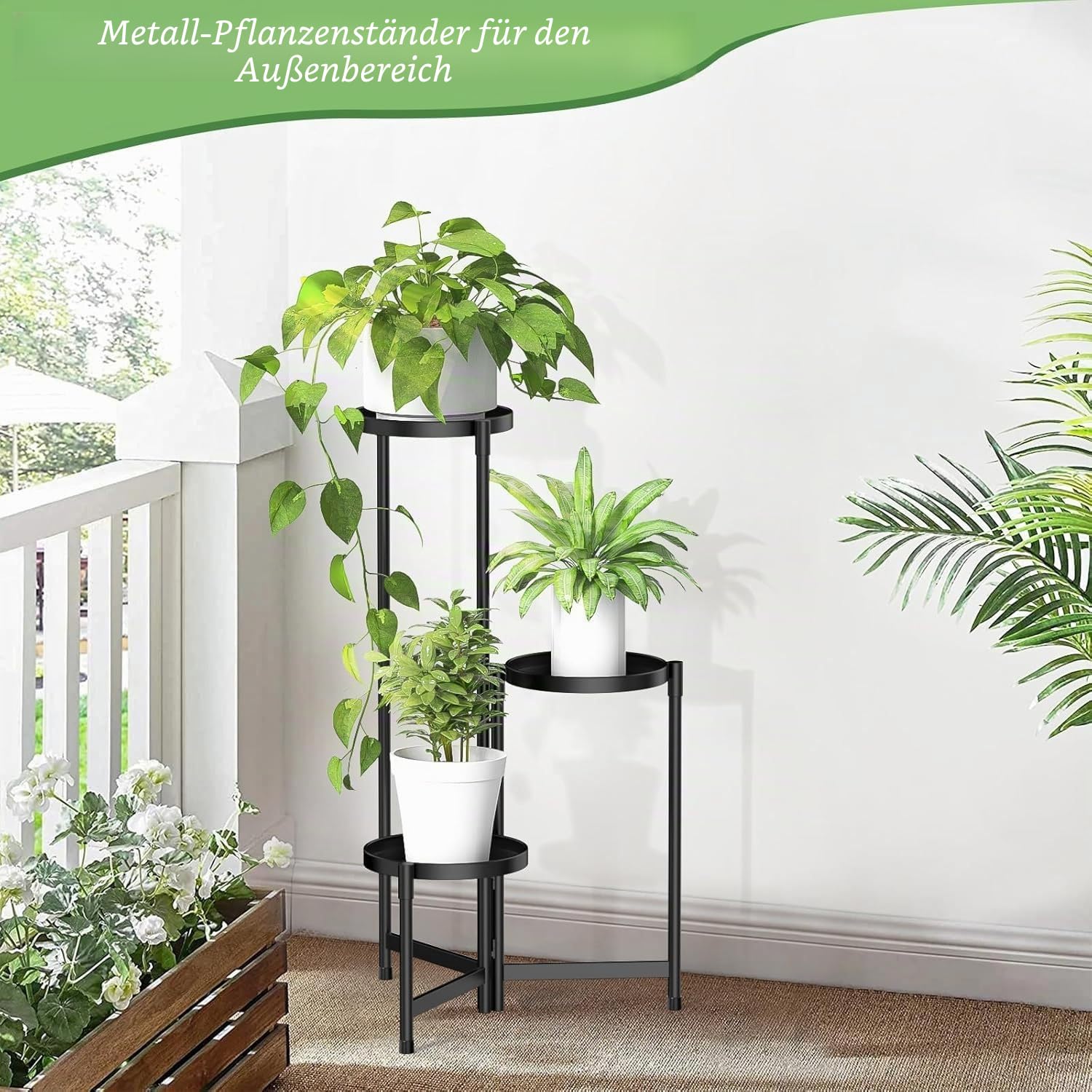 Blumenständer Metall mit 3 Ebenen, Pflanzenständer Metall mit 10 Zoll breiter Tablett, Platzsparender Blumenhocker für Zimmerecke, Wohnzimmer, Balkon, Terrasse, Hof (Schwarz)