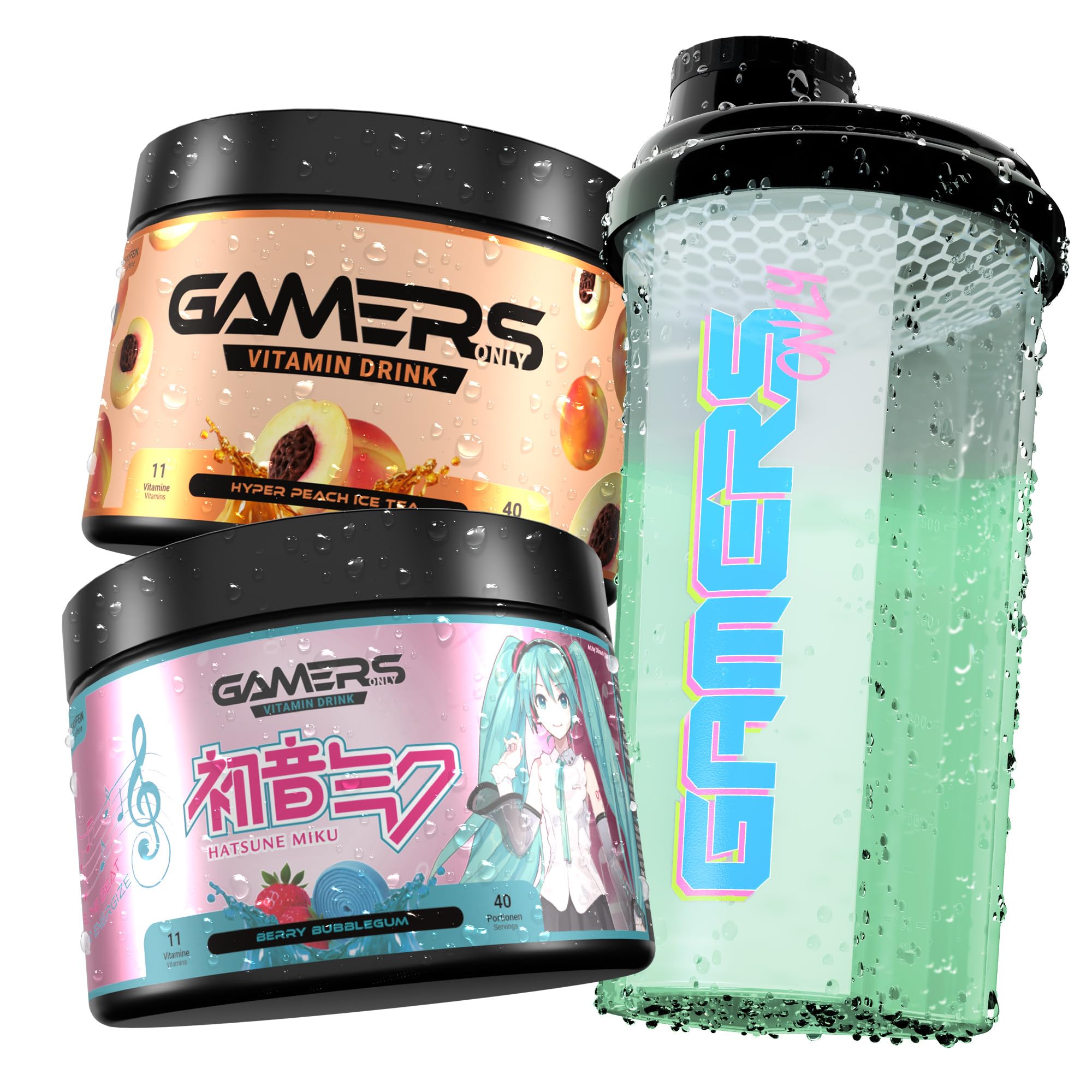 Gamers Only Vitamin Pulver Set [Zero Zucker] inkl. Shaker | Summer Strawberry Lime & Ruby Red Raspberry | 12 Vitamine & Aminosäuren | Vitamin B6, B12 & (Bubblegum & Pfirsich)