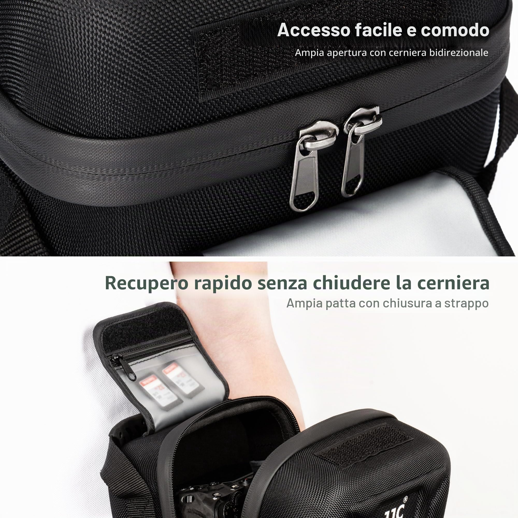 JJC Custodia rigida antiurto per fotocamera, accesso rapido, chiusura con cerniera, per Nikon Canon, Sony, Olympus e altri, con interno imbottito, manico in gomma, tasca con patta in velcro, Nero,