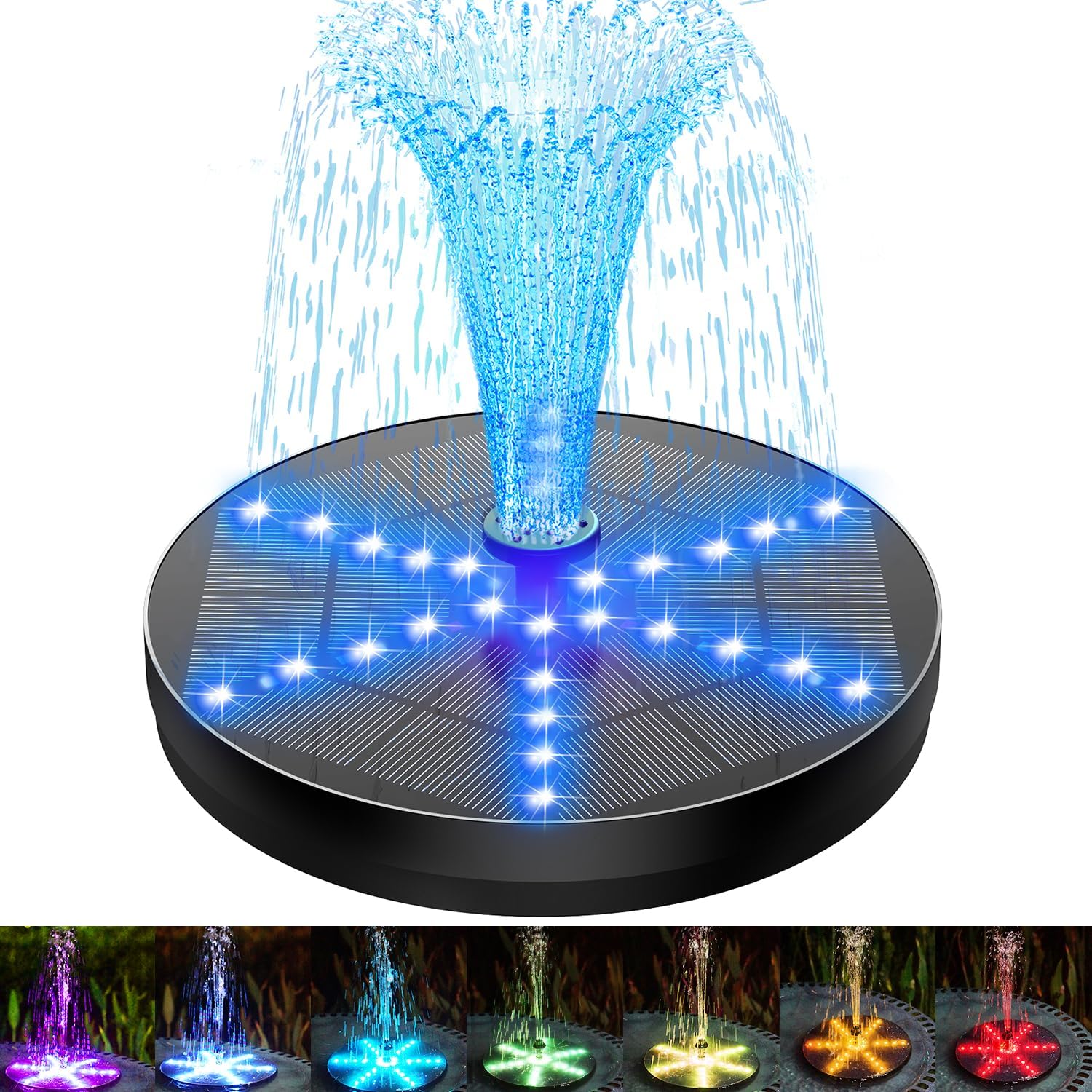 SZMP Solar Fountain 4W Bird Bath Fountains Upgraded 30LED Lights, Solar Powered Fountain Pump Built-in 4000 Battery with 7 Nozzle & 4 Fixer, Solar Water Fountain for Garden, Bird Bath, Pool, Pond