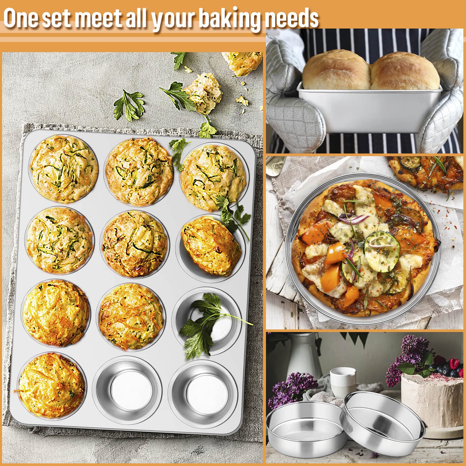 E-far Juego de 10 moldes para hornear, juego de utensilios para hornear de acero inoxidable para horno, incluye molde para tartas, bandeja para hornear galletas, pizza, magdalenas, pan, no tóxico y
