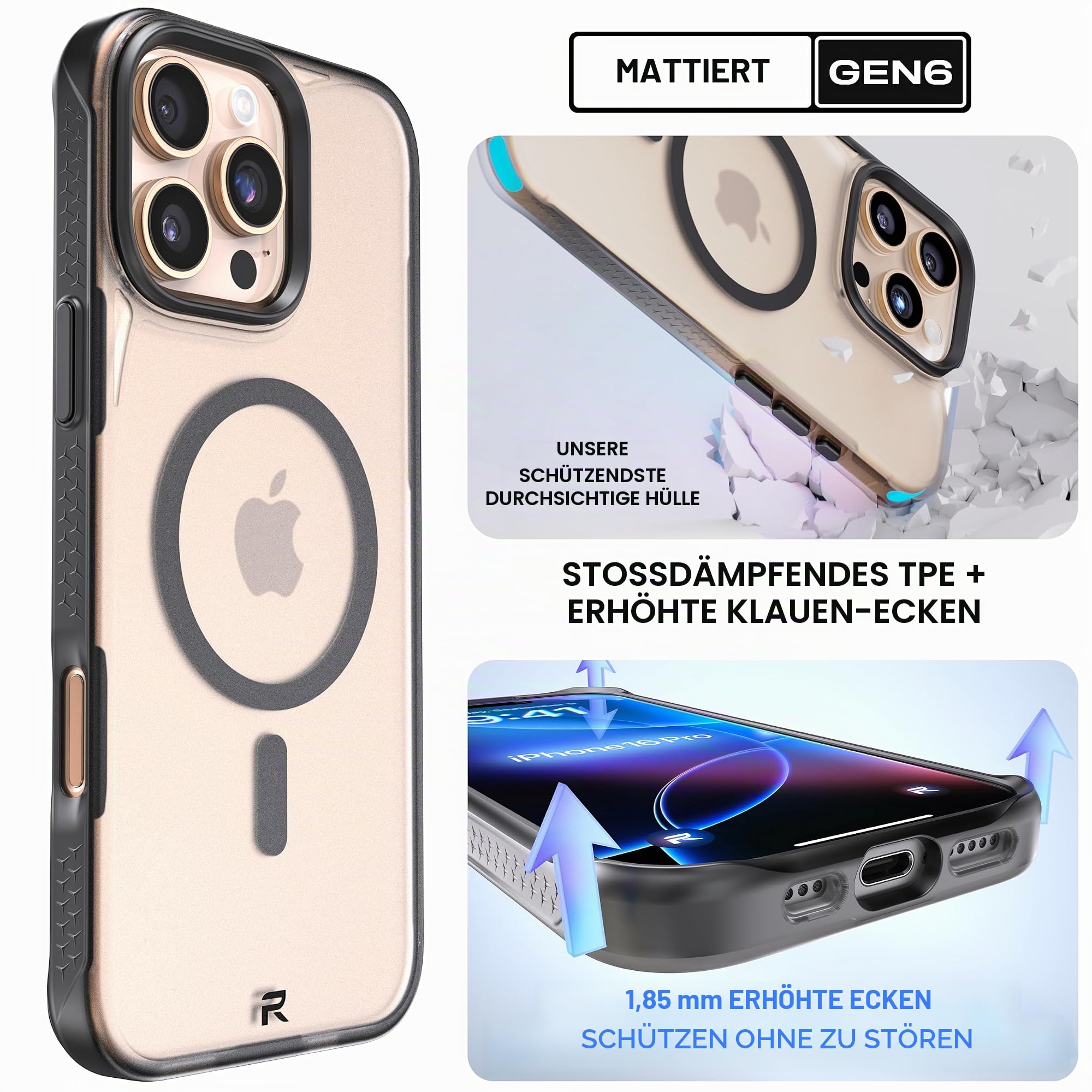 Rebel Transparente Schutzhülle für iPhone 16 Pro [Frosted Series Gen-6], Starke MagSafe-kompatibel, griffige Seiten, durchscheinende Matte Textur, schützende stoßfeste Stoßstangen, Metalllinse und