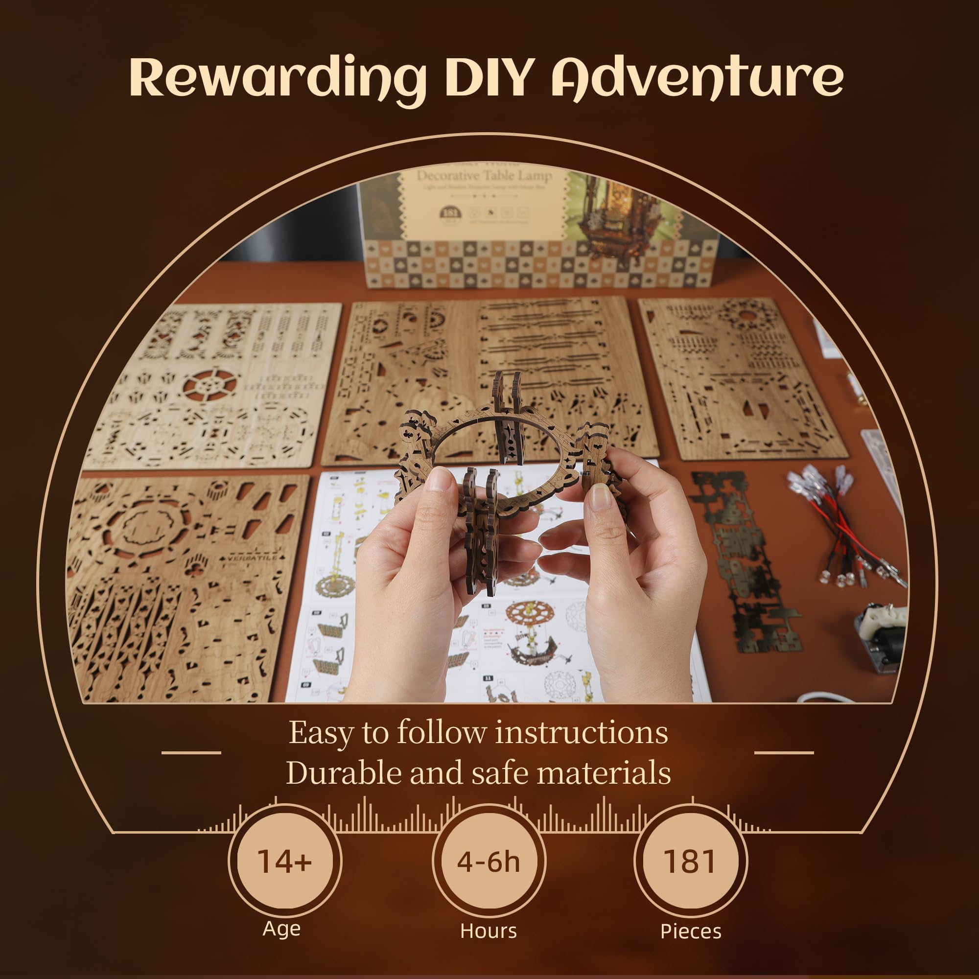 FUNPOLA LED 3D Wood Puzzle Poker World Projector Lamp, DIY Craft Kit with LED Lights and Music Box, Creative Poker-Themed - Image 4