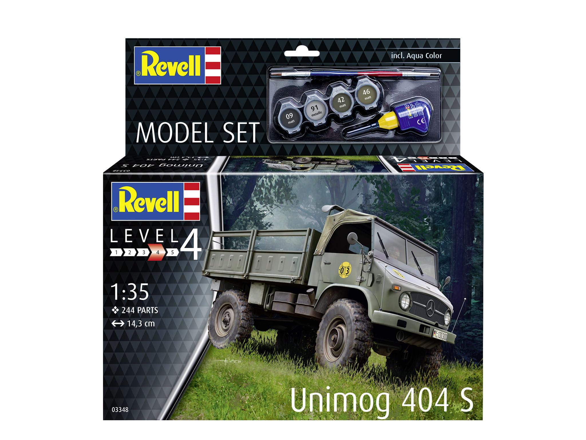 Revell Zestaw modelarski Unimog 404 S | uniwersalny pojazd na wszystkie koła z lat 50. XX wieku, szczegółowe podwozie i kabina kierowcy, w zestawie klej i pędzel