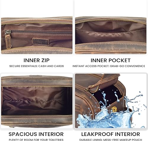 Miniatura 4 de LEATHER VILLAGE Bolsa de viaje para artículos de tocador de cuero premium con forro impermeable | Bolso estilo Dopp vintage hecho a mano de tamaño