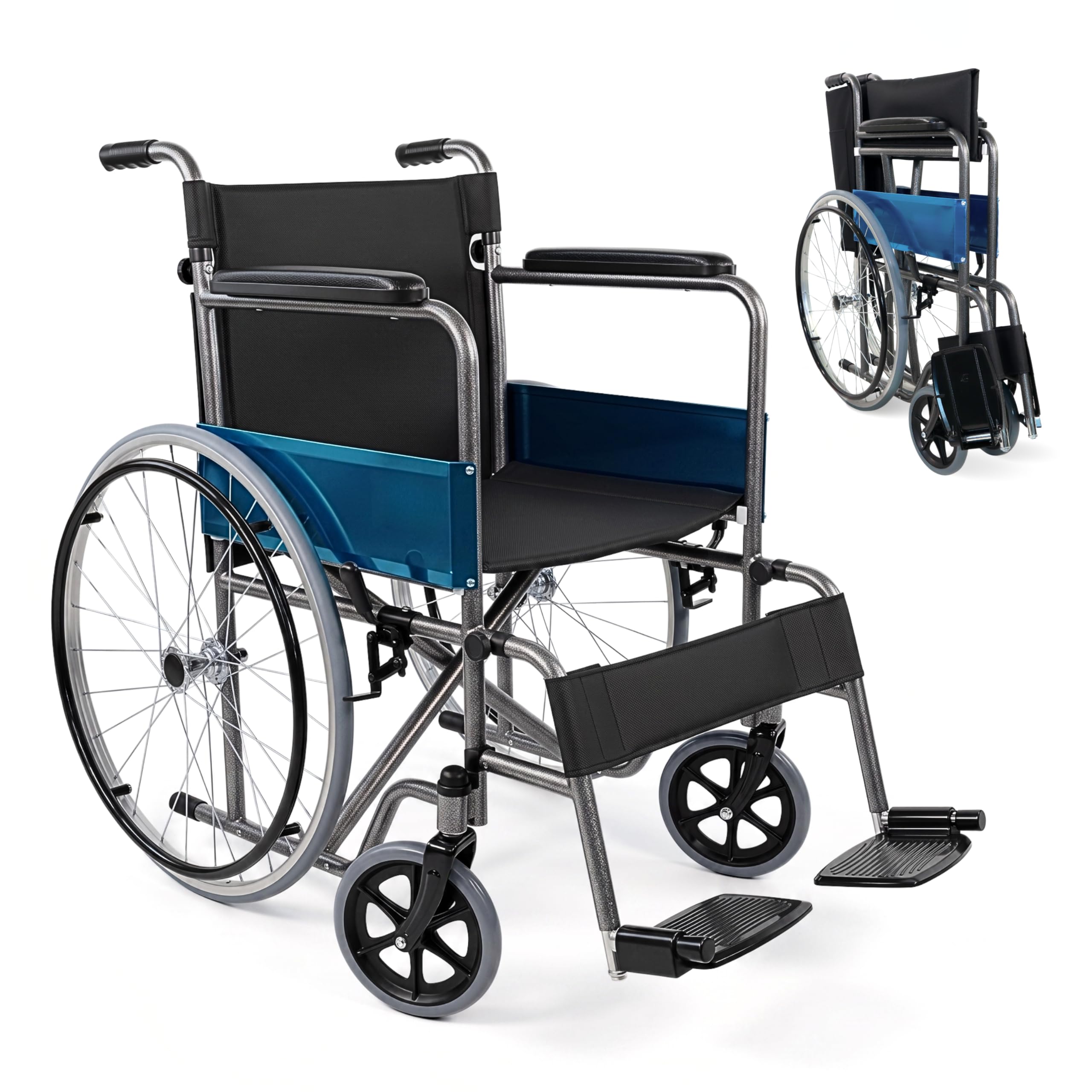 Mobiclinic®, Fauteuil roulant pliable, Léger, Alcazar, Automoteur, Frein de parking, Siège 46cm, Marque européenne, Repose-​pieds pliants, Accoudoirs rembourrés, Robuste, Roulettes mazic, Noir