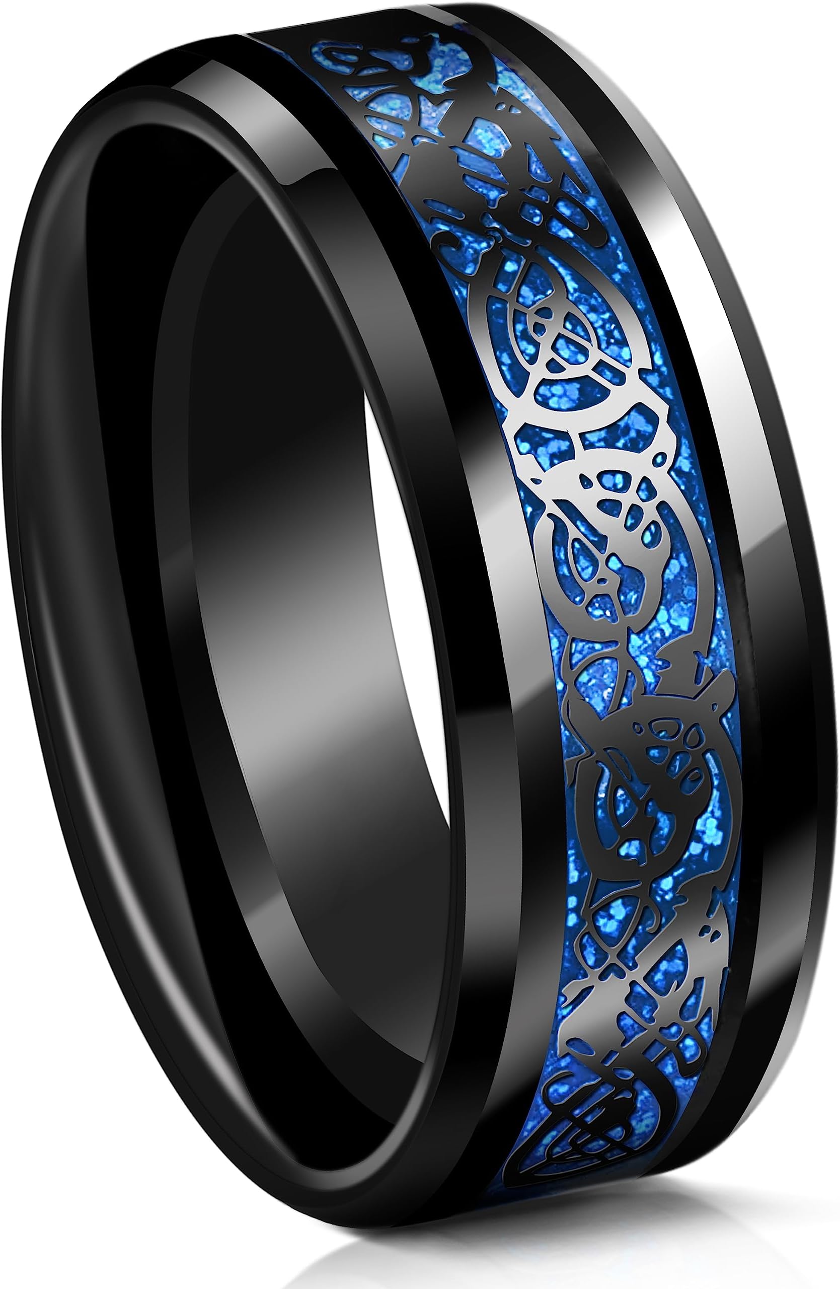 Truly AlphaTitanium Wedding Rings for Men - Red & Blue Celtic Dragon Ring | 8mm, Carbon Fiber Inlay Titanium Ring with Polished Beveled Edges | Mens Titanium Wedding Bands Dragon Design