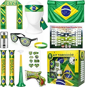 MBOX Kit Torcedor Brasil Copa 2026 12 Peças – Fantasia Completa com Faixa Cabeça, Óculos, Bandeira 150x90cm, Bastões Infláveis, Corneta, Tinta Facial e Lança Confete – Festa Churrasco