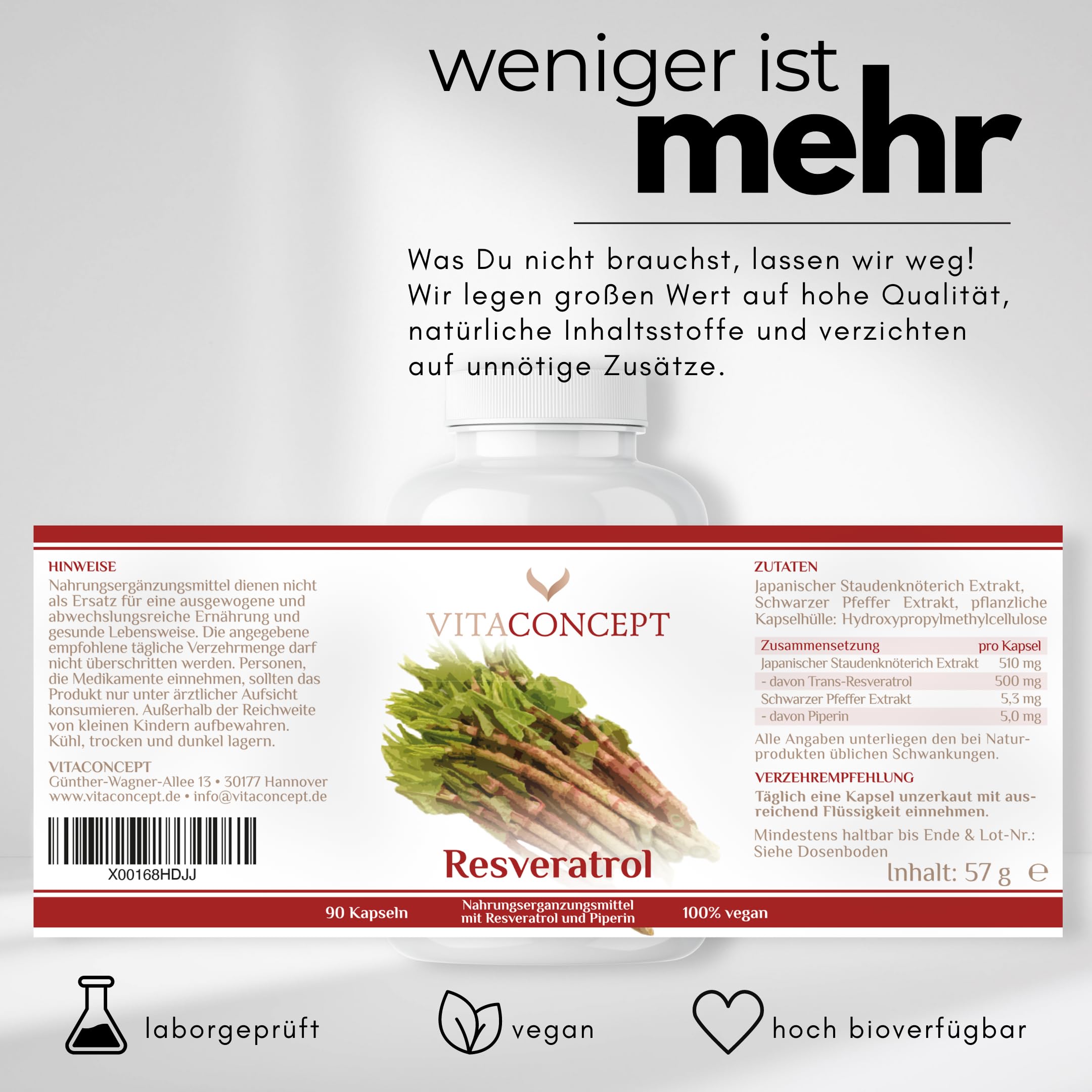 Resveratrol I Der Vergleichssieger* I 500 mg Trans-Resveratrol pro Kapsel I 90 Kapseln (3 Monate) aus japanischem Staudenknöterich I laborgeprüft I vegan I hochdosiert I Vitaconcept