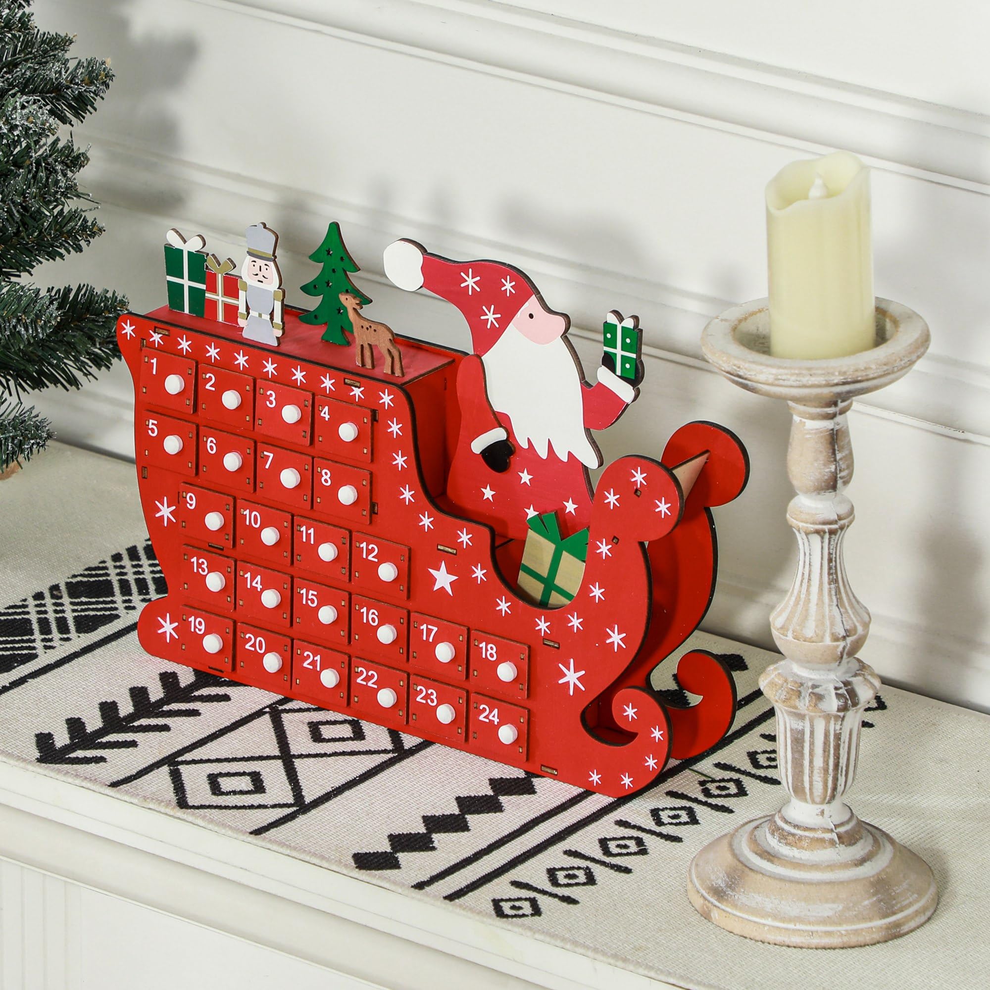 HOMCOM - Calendario de adviento de madera con 24 cajones para rellenar, color rojo | Calendario de Adviento reutilizable, diseño de Papá Noel y trineo, decoración de Navidad, regalo para niños y adultos