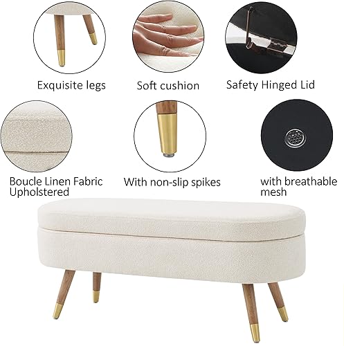 Miniatura 4 de IAFIKE Banco de almacenamiento ovalado de 43.5 pulgadas, banco otomano tapizado de tela boucle con patas de metal dorado, extremo de cama para