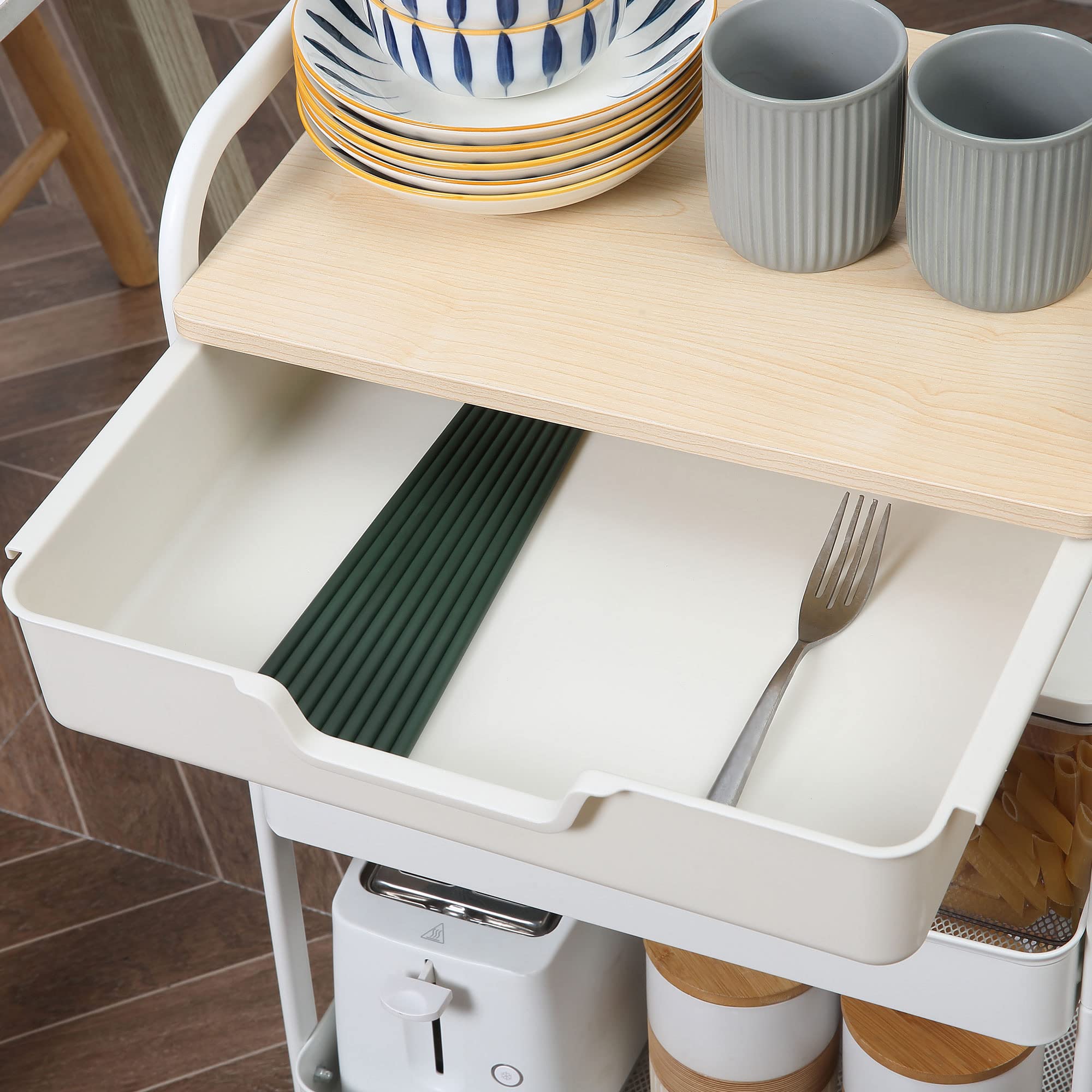 HOMCOM - Carro de Servicio para Cocina, 2 estantes cajón, Bandeja de Madera, Acero PP, Color Blanco