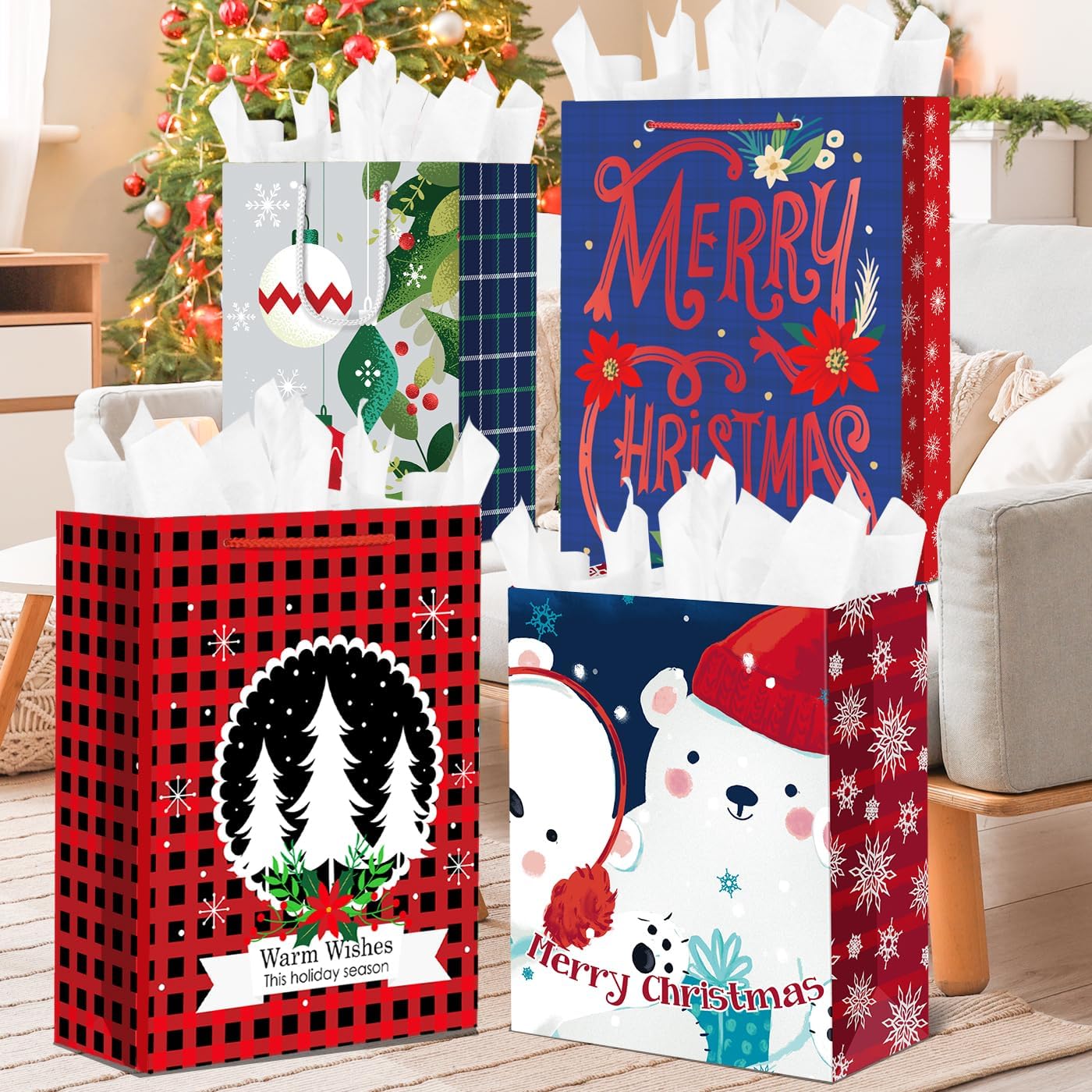 Xylitic 24 Pack Christmas Gift Bags Assorted Sizes, Christmas Paper Bags with Handles, Bulk Holiday Gift Bags for Wrapping, Xmas Party Favors Presents(6 Jumbo,6 Large,6 Medium,6 Small)