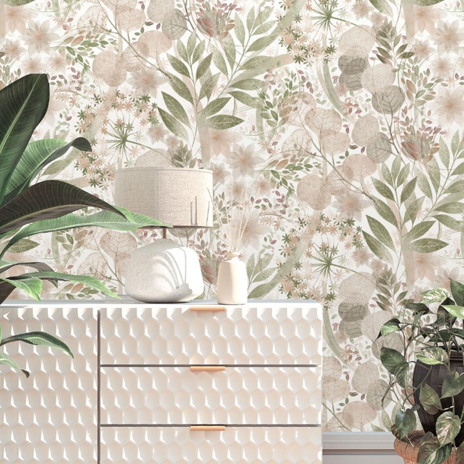 SOPHIE LAURENCE Pink Green Floral Wallpaper Tropical Textured Vinyl Paste The Wall Feature Wall Living Room, Bedroom, Hallway, Office, Study, Kitchen, Bathroom Full Roll 10m x 0.53m