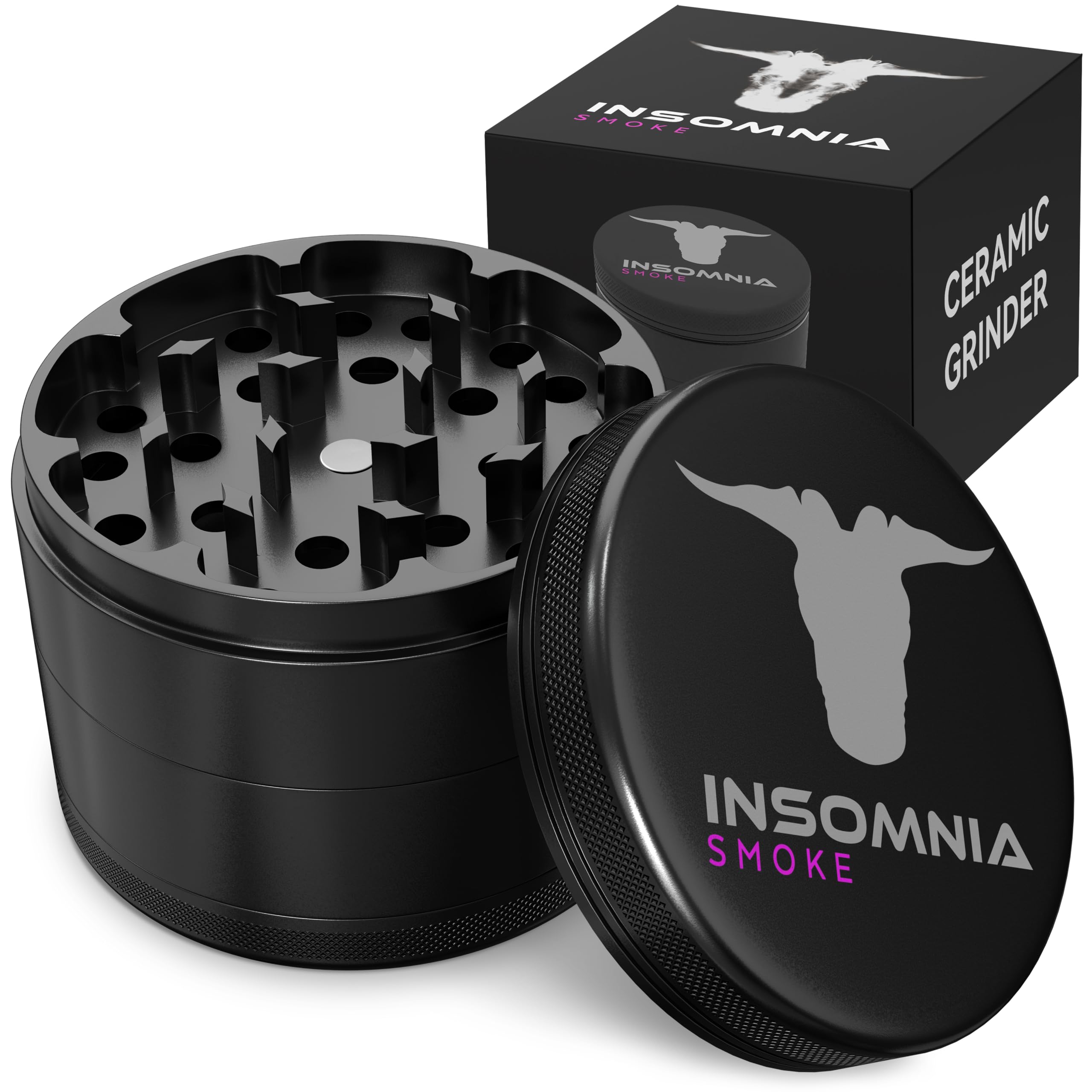 Grinder per Erbe | Grinder Premium in Metallo di Alluminio a 4 Parti con Filtro per Polline, Coperchio Magnetico, 28 Denti Affilati, Rivestimento in Ceramica, Facile da Pulire e Antiade (Nero)
