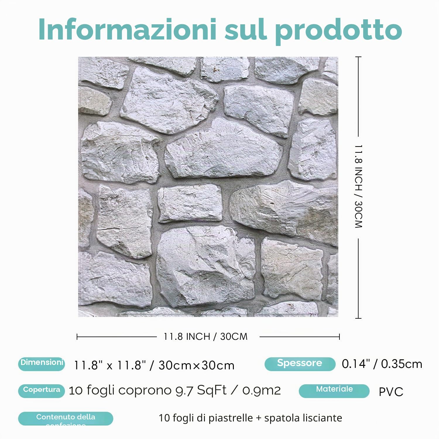 Commomy Pannelli da Parete 3D Finta Pietra Decorazione di Pareti Interne, 10 Pezzi, 30 x 30 cm, Pannelli Murali 3D in PVC Pannelli Adesivi per Pareti Autoadesivi Impermeabili