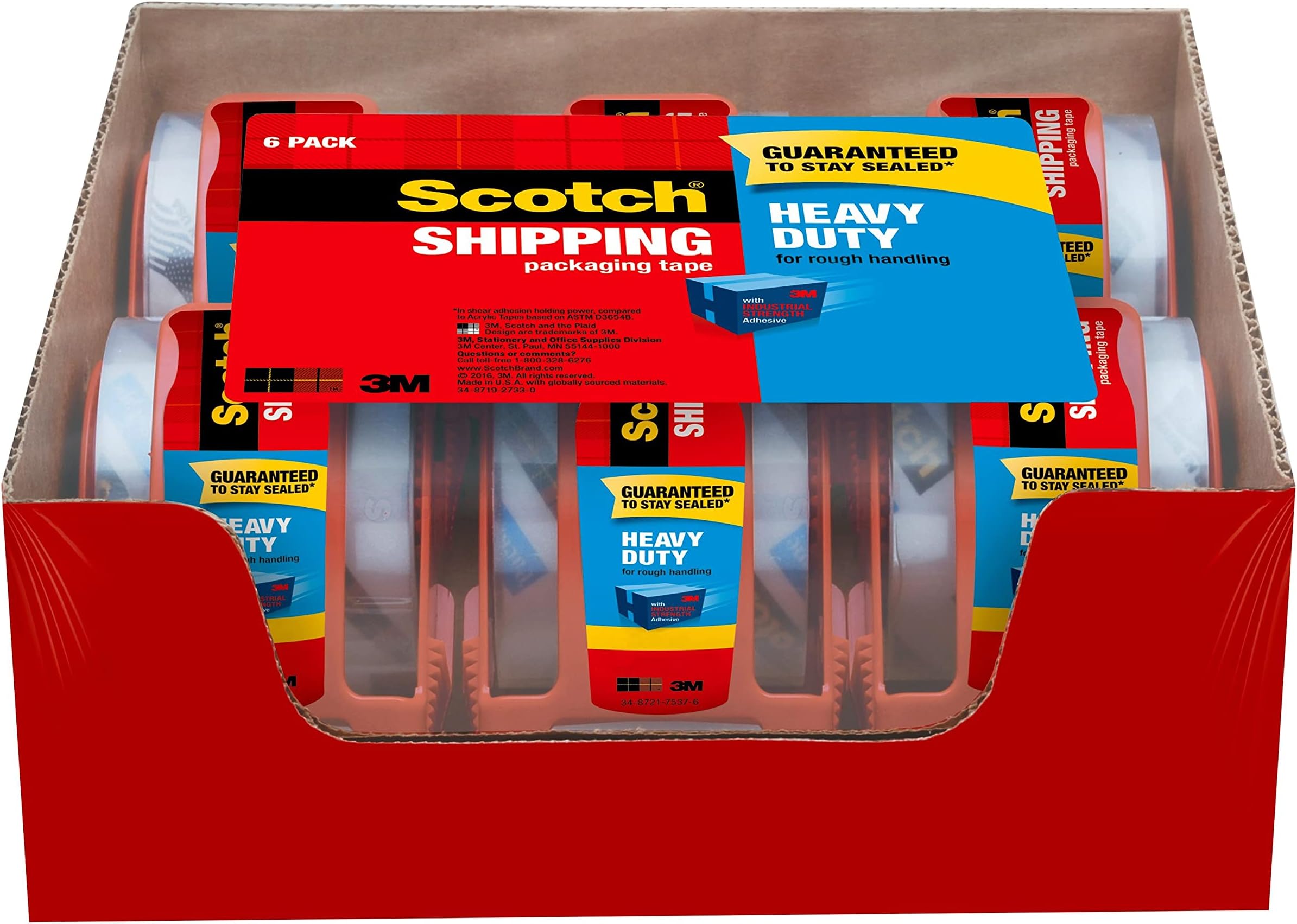 Scotch Heavy Duty Packaging Tape, 1.88" x 22.2 yd, Designed for Packing, Shipping and Mailing, Guaranteed to Stay Sealed, 1.5" Core, Clear, 6 Rolls with Dispenser (142-6)