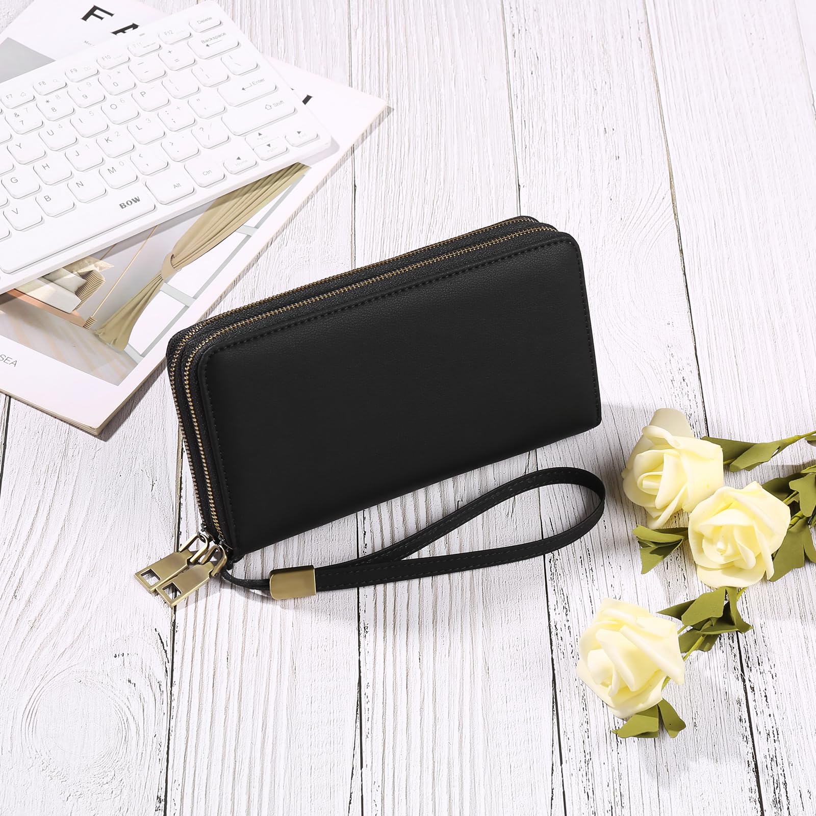 GAEKEAO Portefeuille Femme Grand, Porte Feuille Feminin Cuir Végétalien Double Fermeture à Glissière, RFID Porte chequier, avec Multiples Poches Portefeuilles et Porte-Cartes Idee Cadeau Femmes