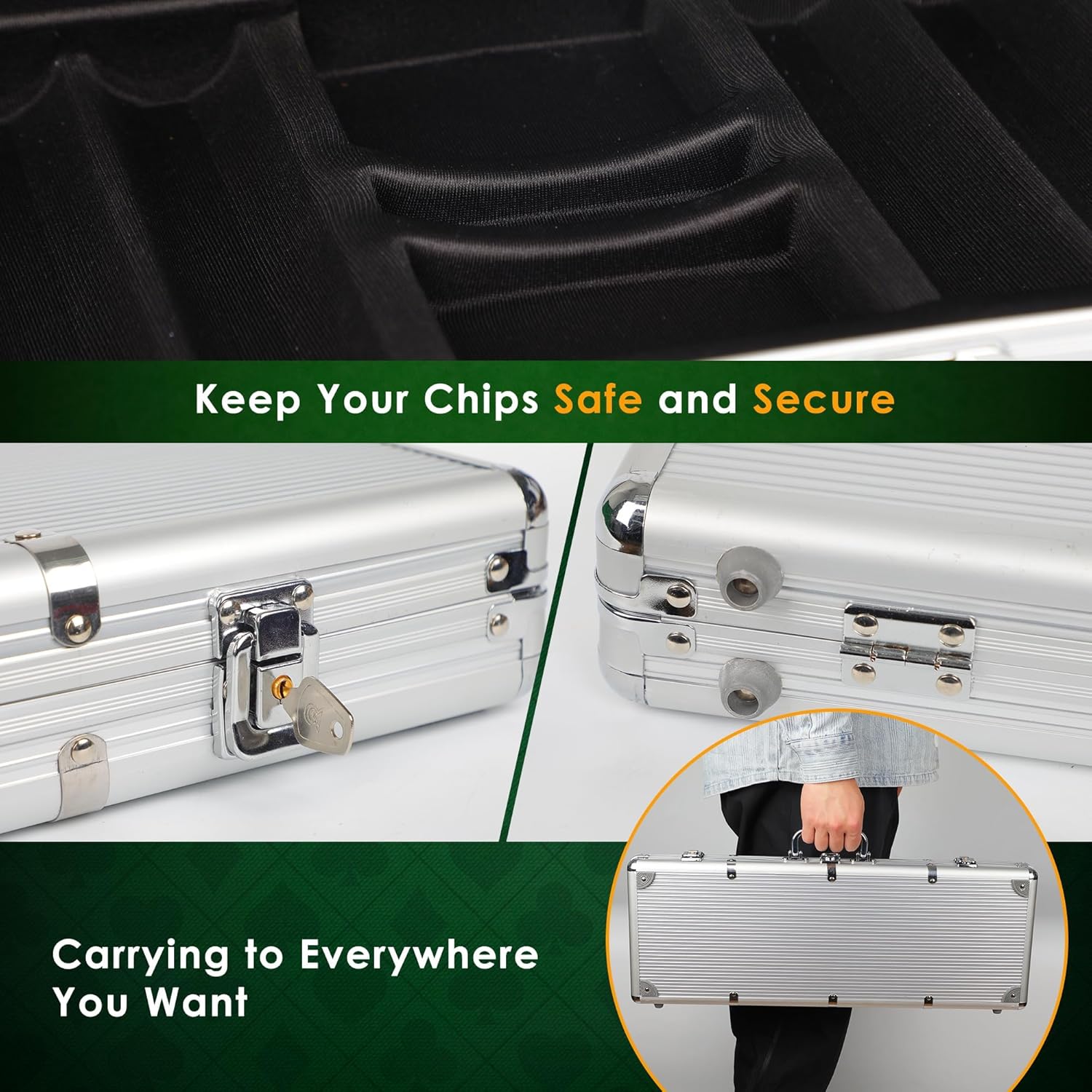 ORIENGEAR Poker Chip Set with Denominations, 500 PCS 14 Gram Clay Composite Casino Chips with Aluminum Case, 2 Decks of Cards and Game Tablecloth, for Texas Holdem Blackjack Gambling Games