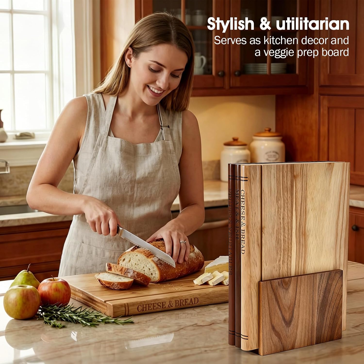 NEDVI Book-Shaped Cutting Board Set with Wooden Stand – Wooden Chopping Boards for Kitchen, Ideal for Vegetables, Cheese, & Meat – Unique Gift Set for Home Cooks & Kitchen Decor