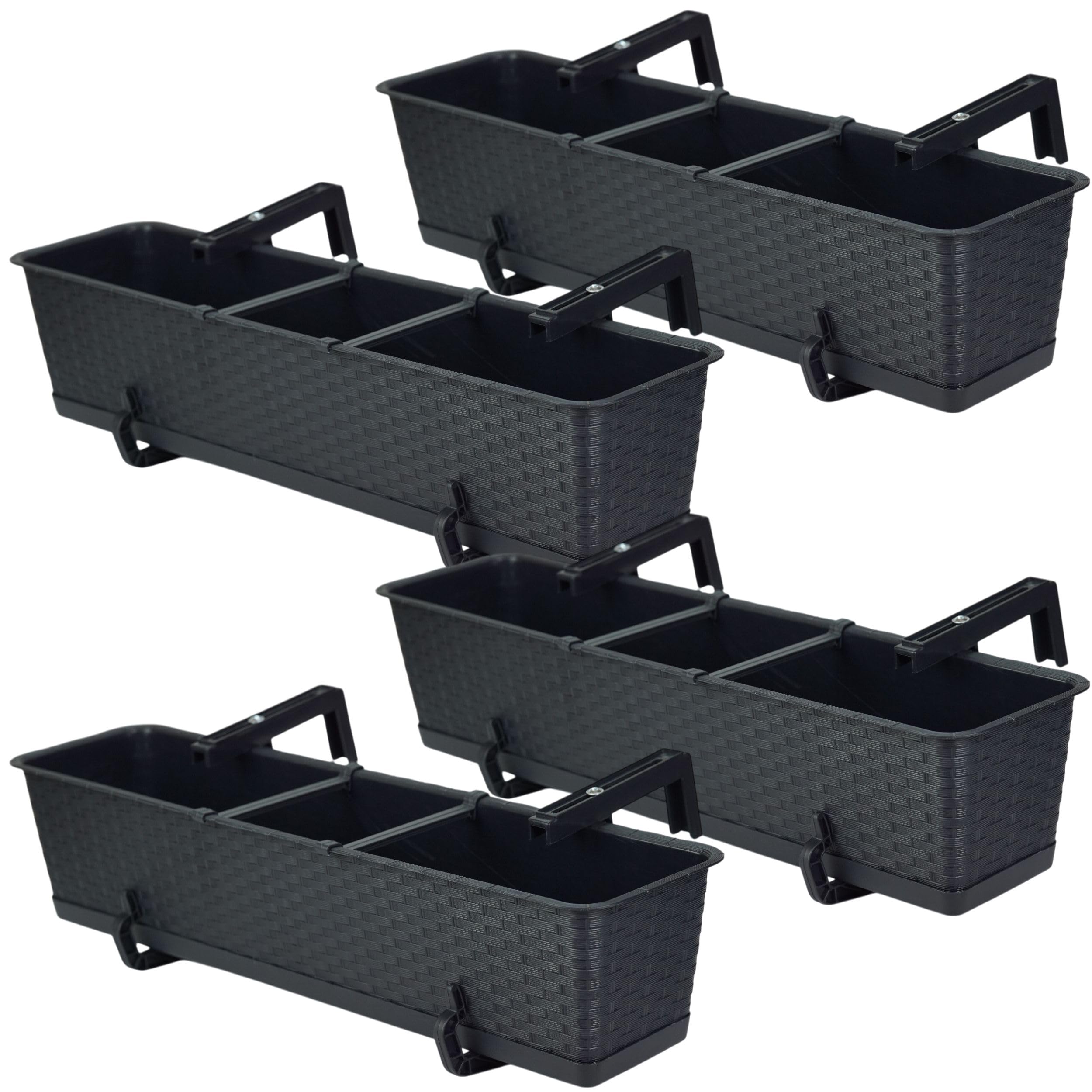 Blumenkasten Balkon Set 4 X 69 cm x 17 cm | Pflanzkasten wetterfest mit Untersetzer und Halterung | Balkonkasten in Rattanoptik für die stilvolle Bepflanzung von Terrasse und Balkon | Anthrazit