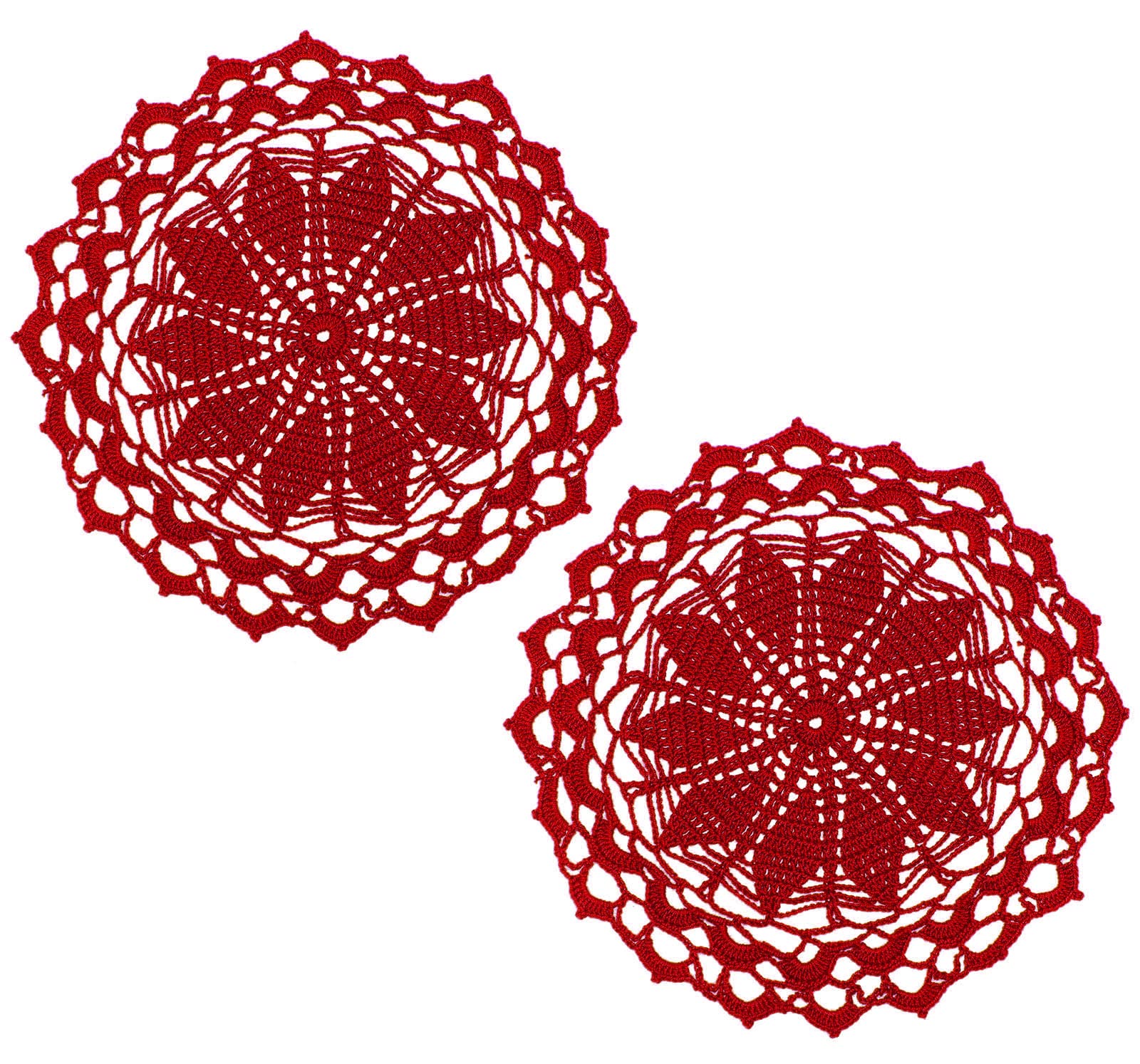SUNONE11HKA 12 Inch Lace Crochet Doilies Table Placemat Washable Kitchen Round Leaves Decor Doily (2, Red)