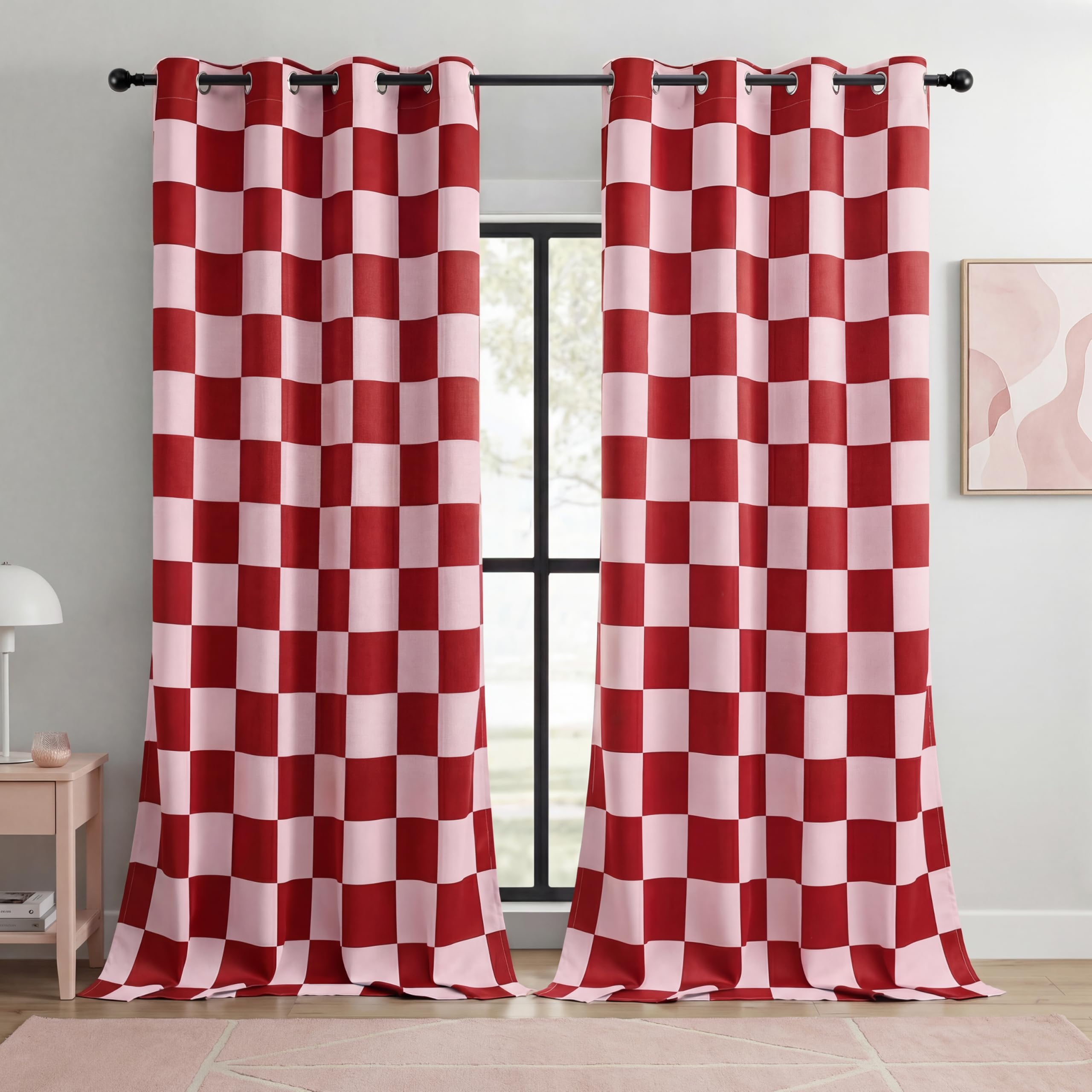 BOHOMOCASA 100% Blackout Checkered Curtains – 2 Panels, Each W52×L96, Thermal Insulated, Nosie Reducing for Bedroom, Modern Pink and Red Checkerboard Design for Girls Room — image 1