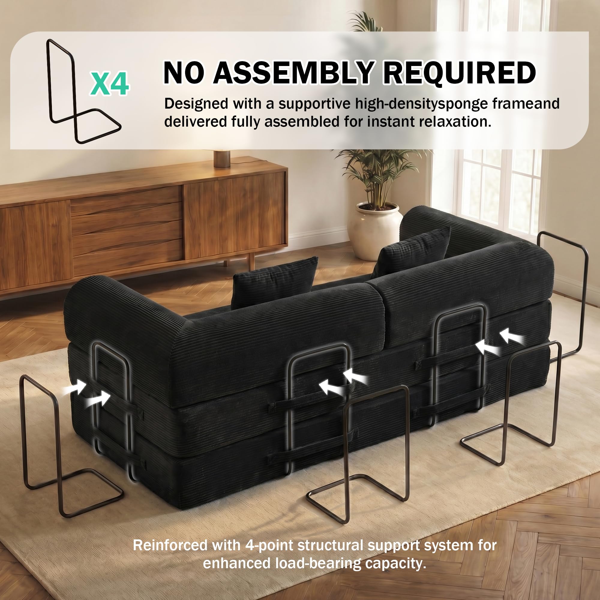 79" Convertible Futon Sofa Bed, Boneless Couch for Living Room, Black | Corduroy Sleeper Sofa, Modular Floor Couch with Pocket Springs and 2 Pillows, Couch Bed No Assembly