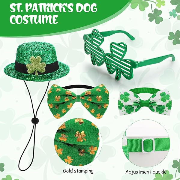4 Pack St.Patrick's Day Costume, Including Irish Green Dog Clothes Shamrock Tall Hat Bow Glasses Tie Collar for Dog Cat Outfits - 2