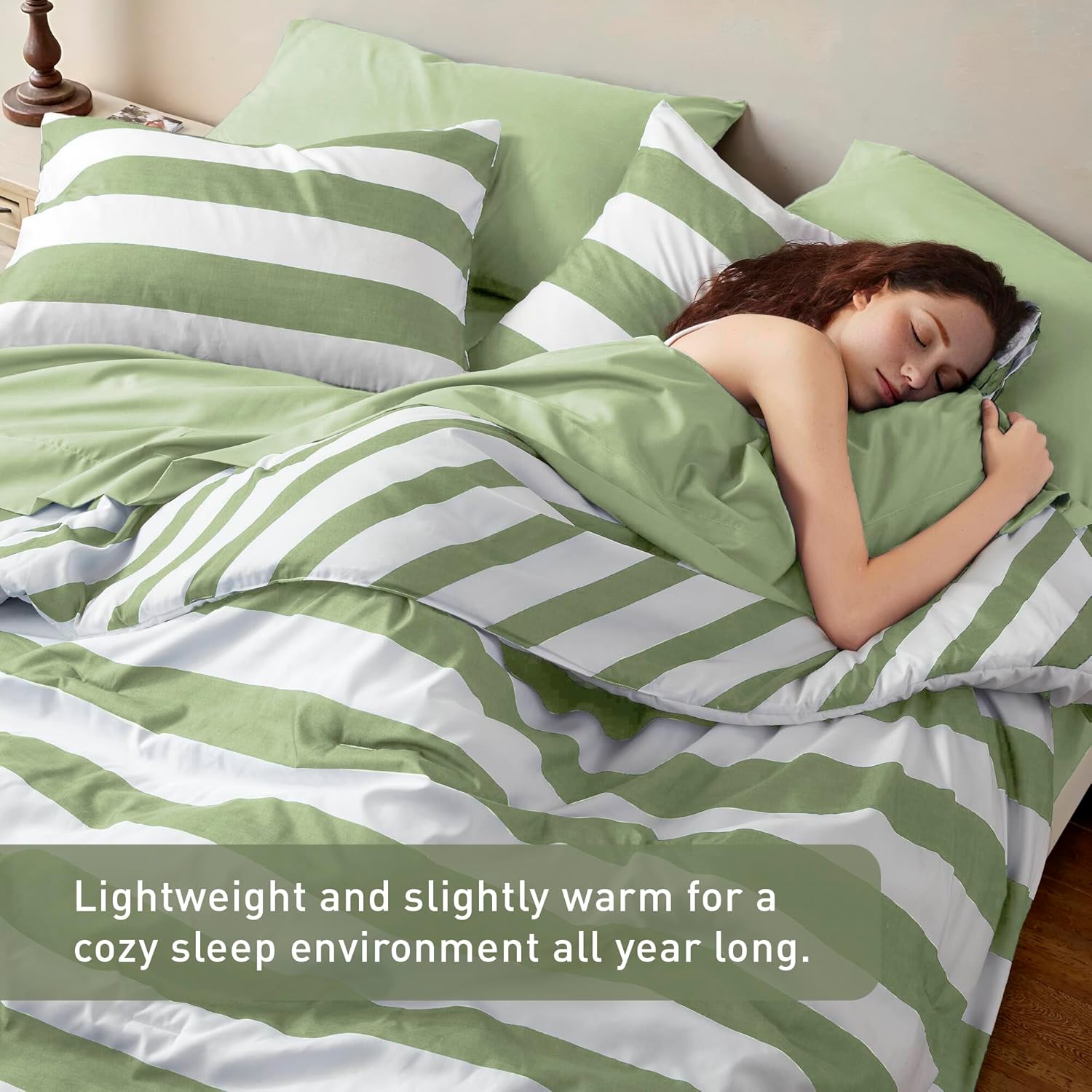 Reversible Striped Queen Comforter Set-Bed in A Bag 7-Pieces Bedding Set with Double-sided Stripe Design-Warm & Cozy Bed Set Includes Queen Size Comforter, Sheets Set, Pillowcases and Sham, Sage Green