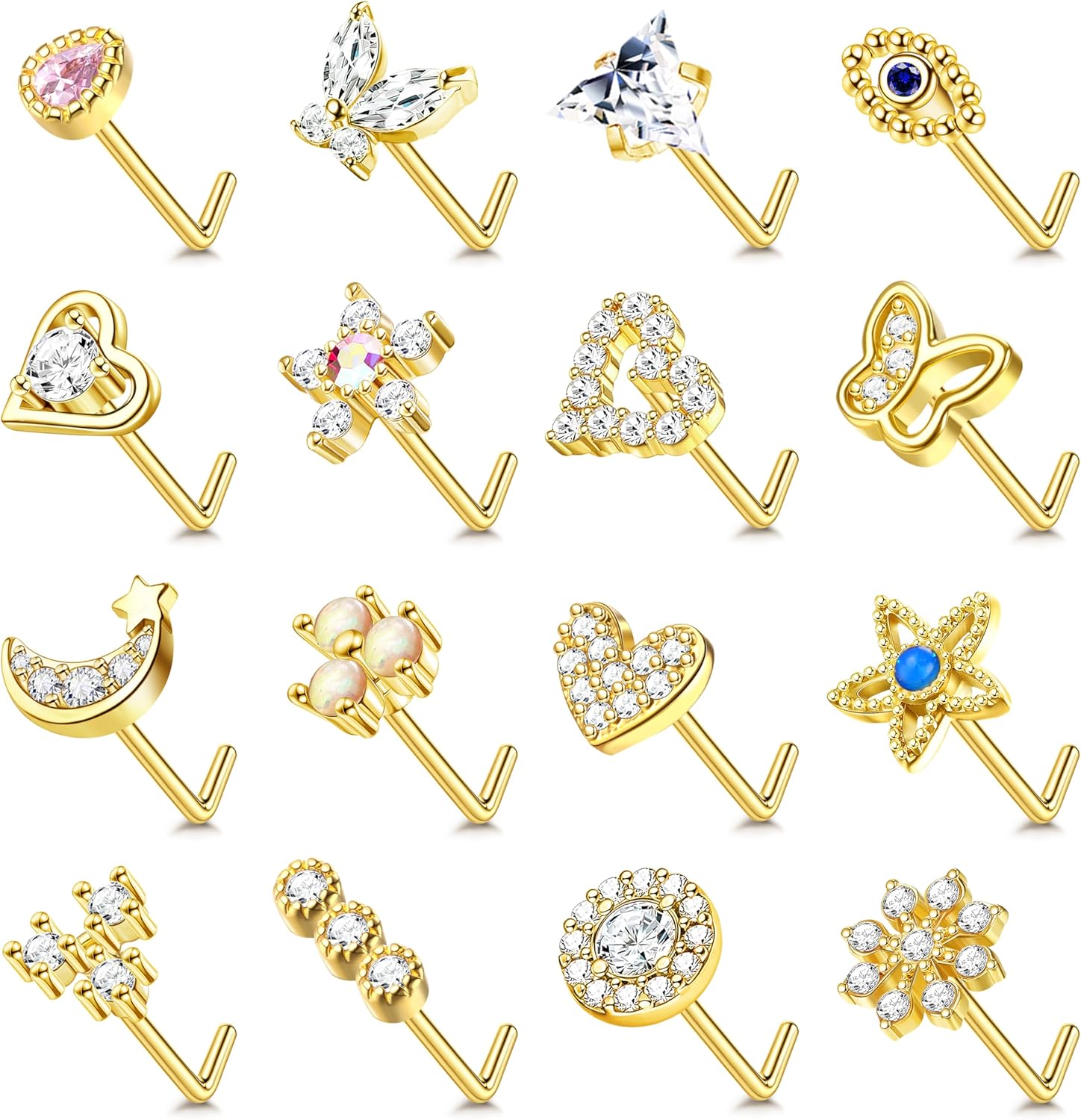 YADOCA Gold Nose Rings Studs for Women - 20G Surgical Steel Nose Ring L Shaped Nose Piercing Jewelry Hypoallergenic CZ Heart Nose Studs Silver Rose Gold 16Pcs