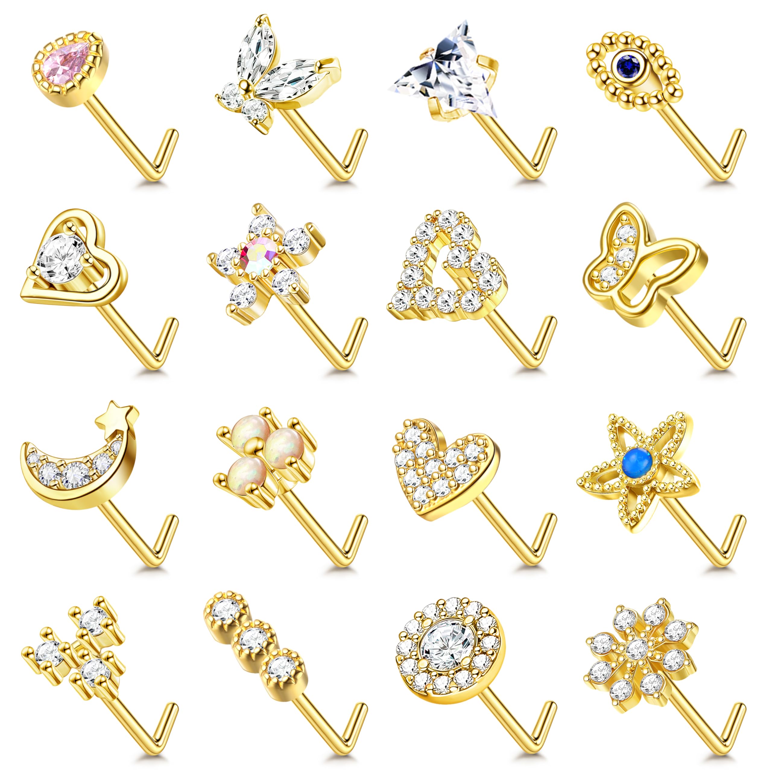 YADOCA 16 Pcs 20G Nose Studs Surgical Steel L Shaped Nose Rings Studs for Women Opal CZ Heart Butterfly Nose Piercing Jewelry Silver Rose Gold