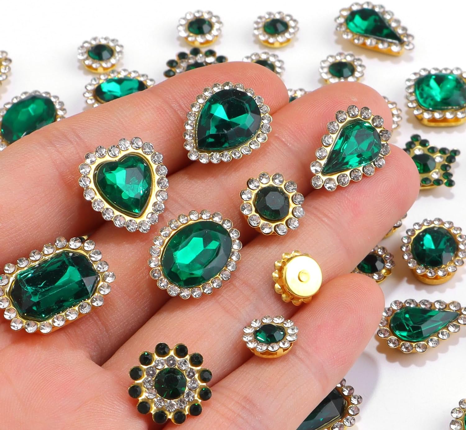 50 PCS Sew on Rhinestones Mixed Shapes Glass Green Rhinestones Sew on Crystal Gems Mental Flatback with Gold Claw for Jewelry Crafts Clothes DIY Craft Shoes Dress Jewelry Making - Image 2