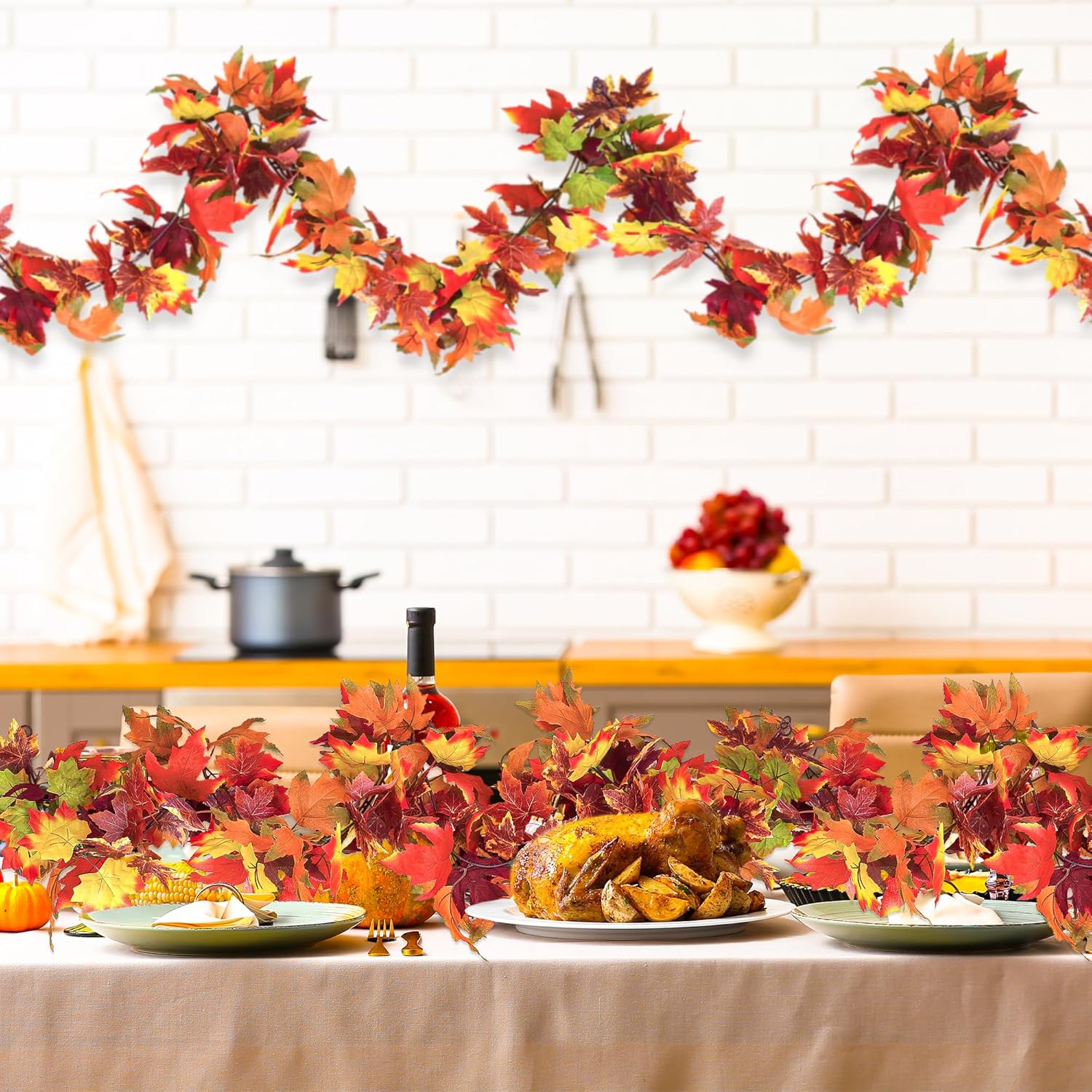 Helimoto Fall Outdoor Garland, 8 Pack 47.2 FT Hanging Fall Garland, Artificial Maple Indoor Autumn Leaves Garlands, Fall Decorations for Home Thanksgiving Decor Wedding Party Wall Fireplace Mantle
