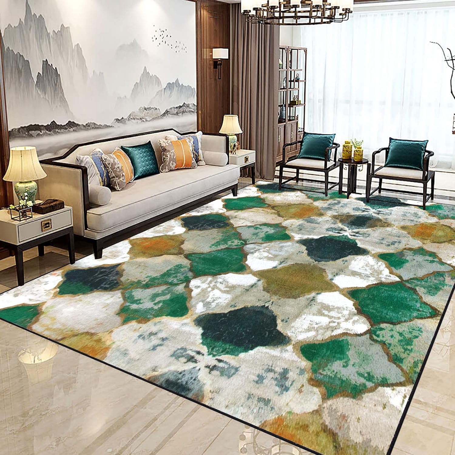 Tapis pour chambre doux et confortable vert abstrait style traditionnel