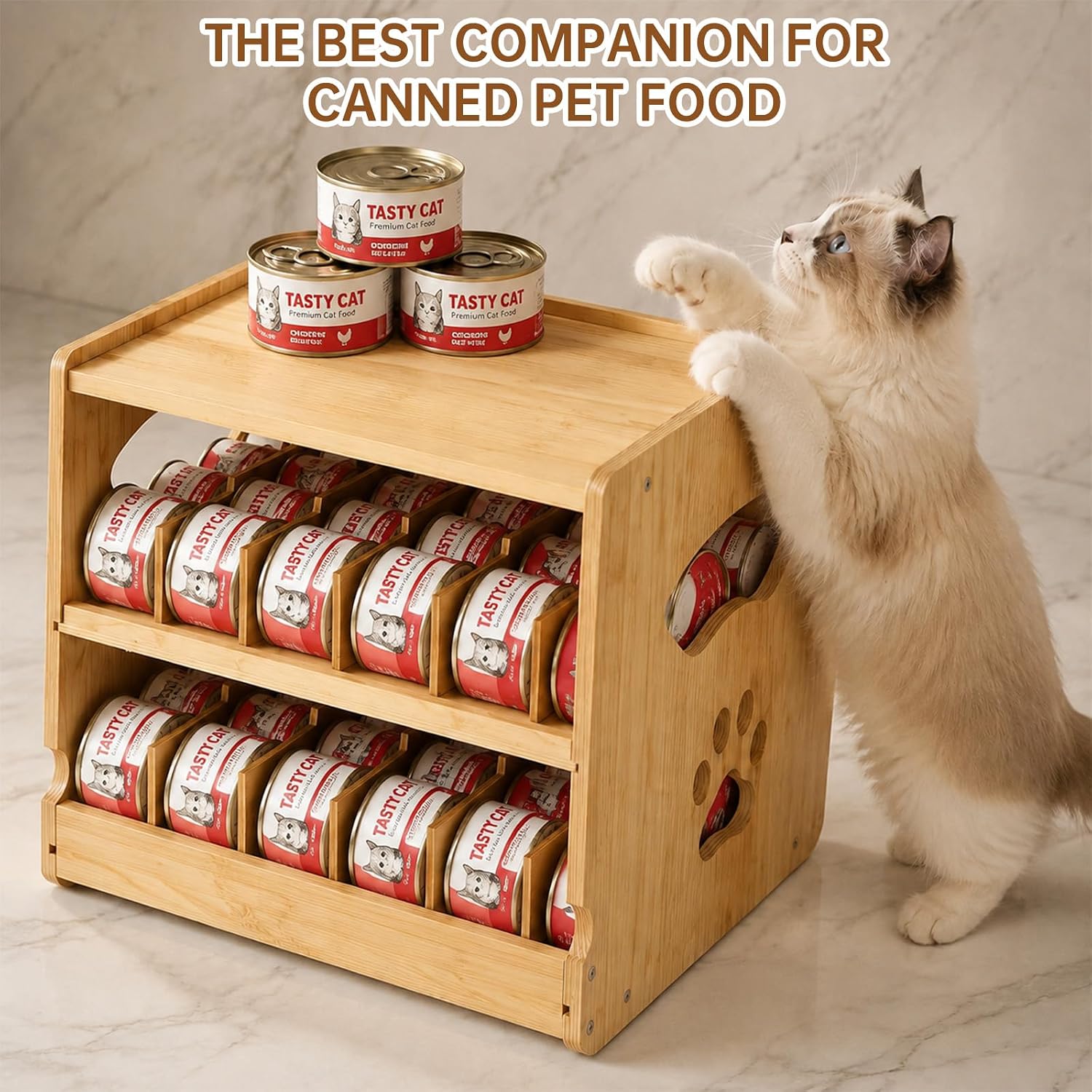 2-Tier Wooden Cat Food Can Organizer with Adjustable Dividers image 4