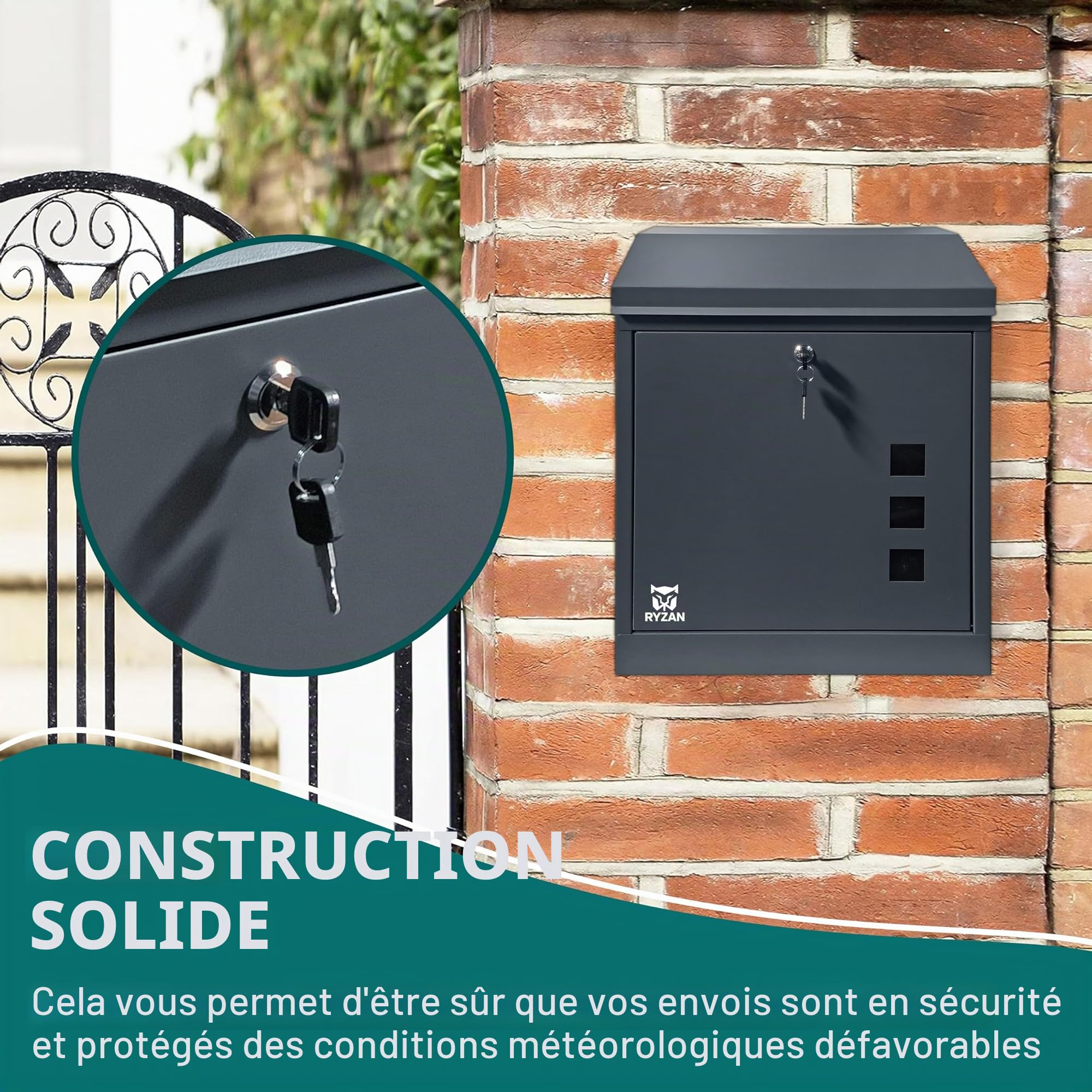 RYZAN Boîte à colis murale sécurisée noire, boîte de livraison étanche verrouillable pour plusieurs grands colis, 52,2 x 43,4 x 25 cm