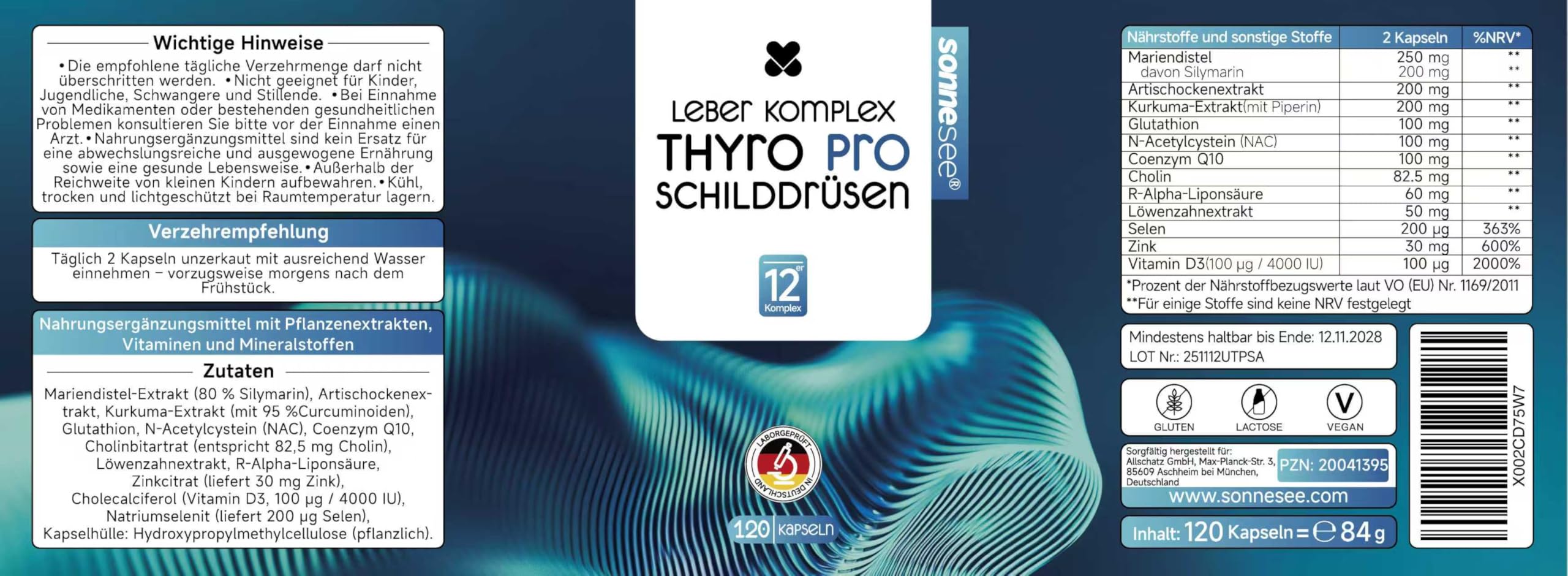 Thyro Pro Schilddrüsen & Leber Komplex Hochdosiert mit Selen Cholin 120 Kapseln (60 Tage Vorrat) Mit Mariendistel, Artischocke & NAC Unterstützt den Nährstoff-Umwandlungsprozess Vegan & Laborgeprüft