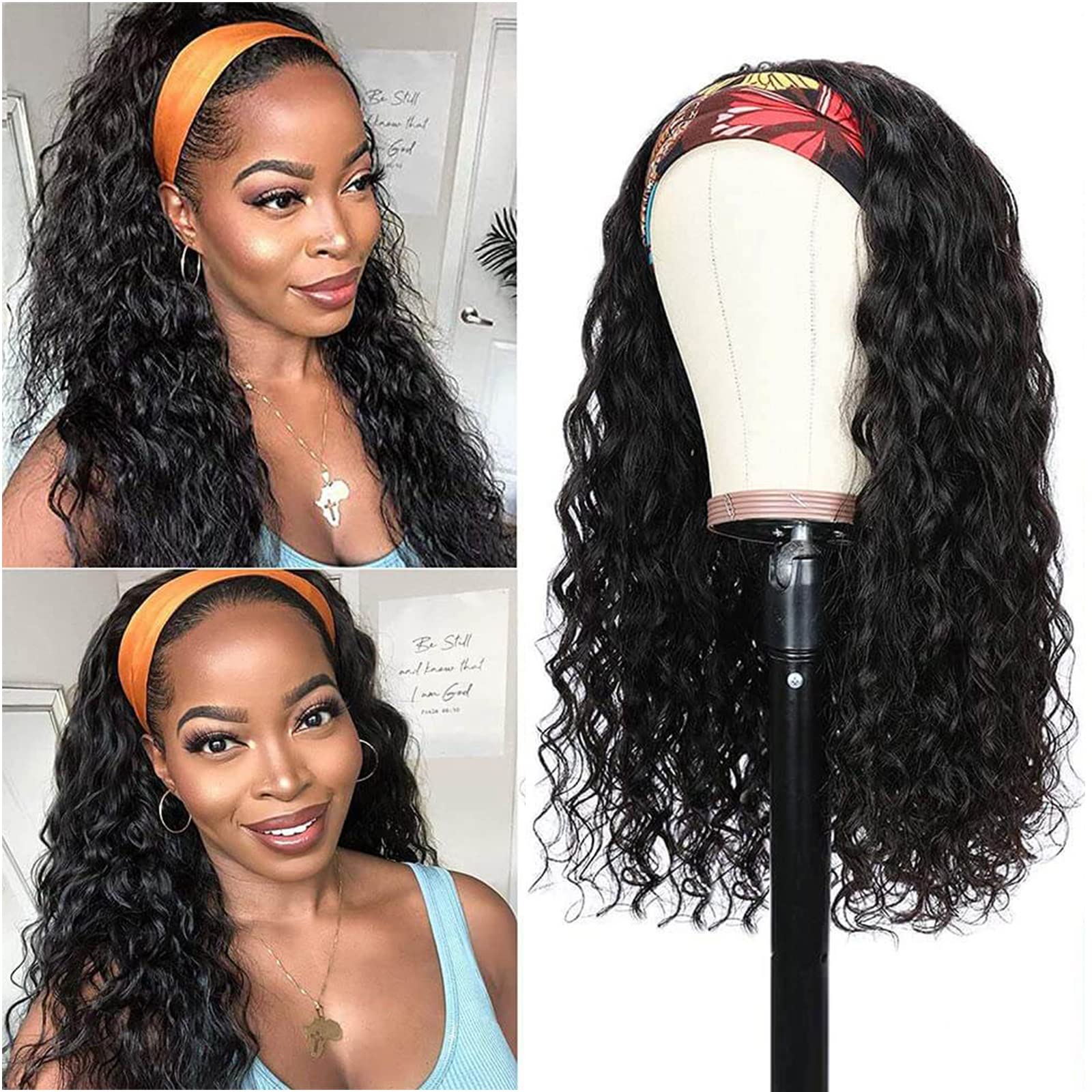 Headband Wig Human Hair Water Wave Curly Headband Wigs for Black Women None Lace Front Wigs Machine Made Glueless Brazilian Curly Headband Wig Natural Color 150% Density 22 inch