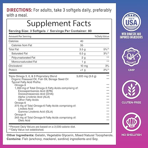 Miniatura 2 de Vitamin World Triple Omega 3-6-9 3600 mg con aceites de semillas de pescado, linaza y borraja, ácidos grasos omega-3 con EPA y DHA, apoya la salud